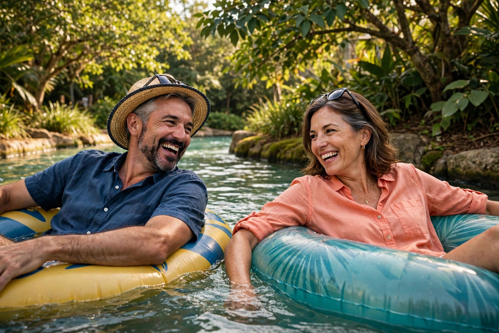 Mature couple floating on tubes in a lazy river