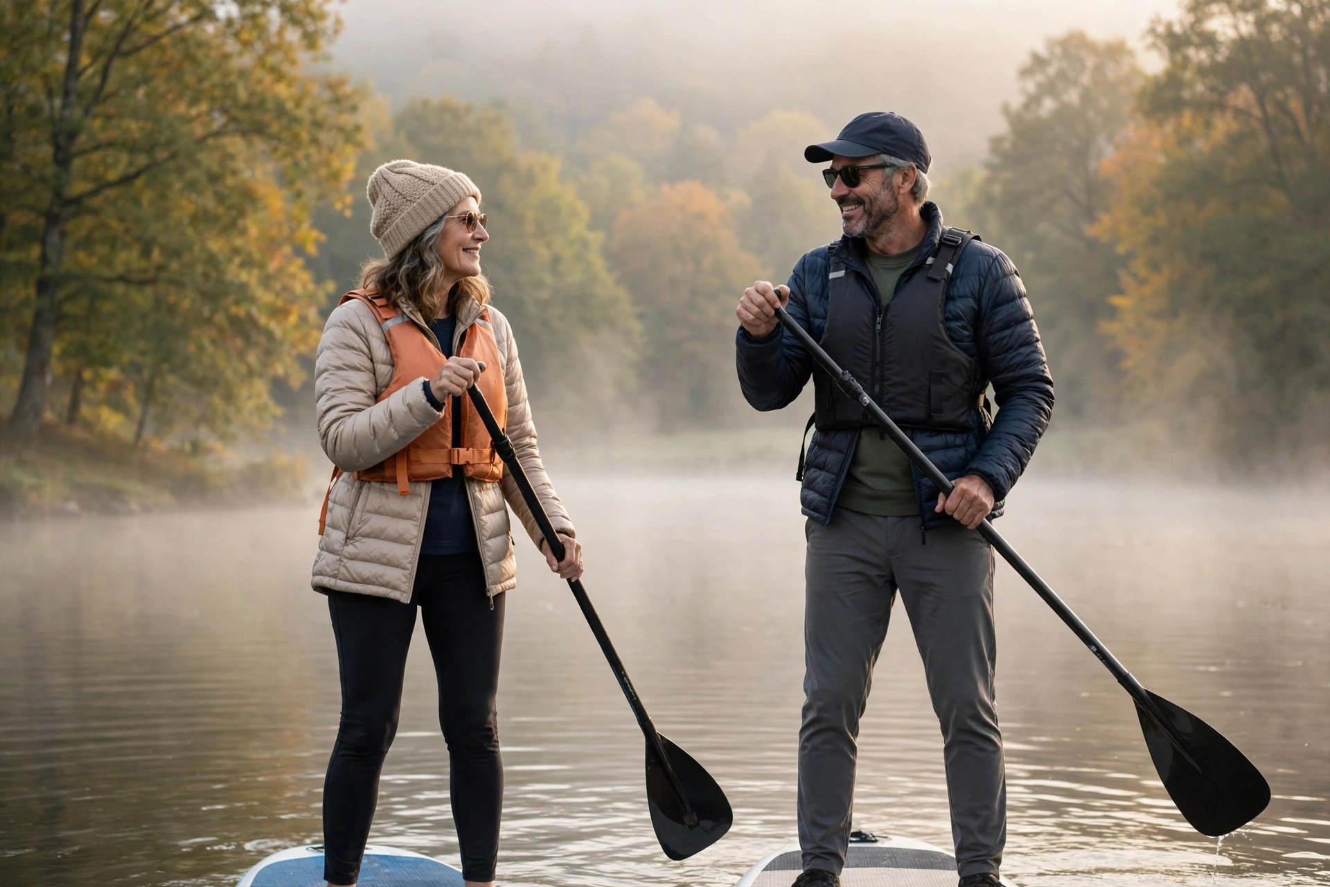 Mature couple paddleboarding on a calm lake at dawn