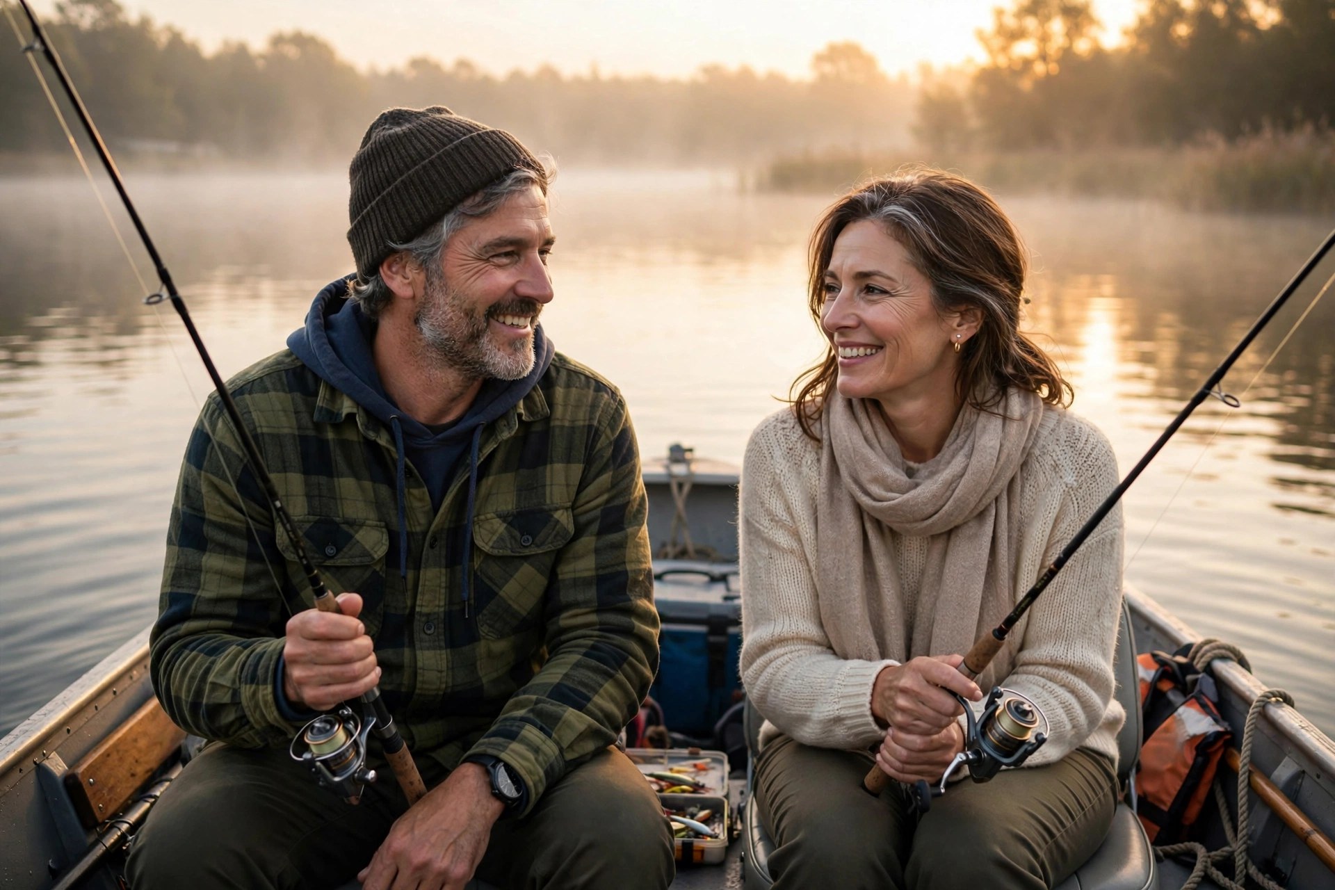 Mature couple on a morning fishing trip at sunrise