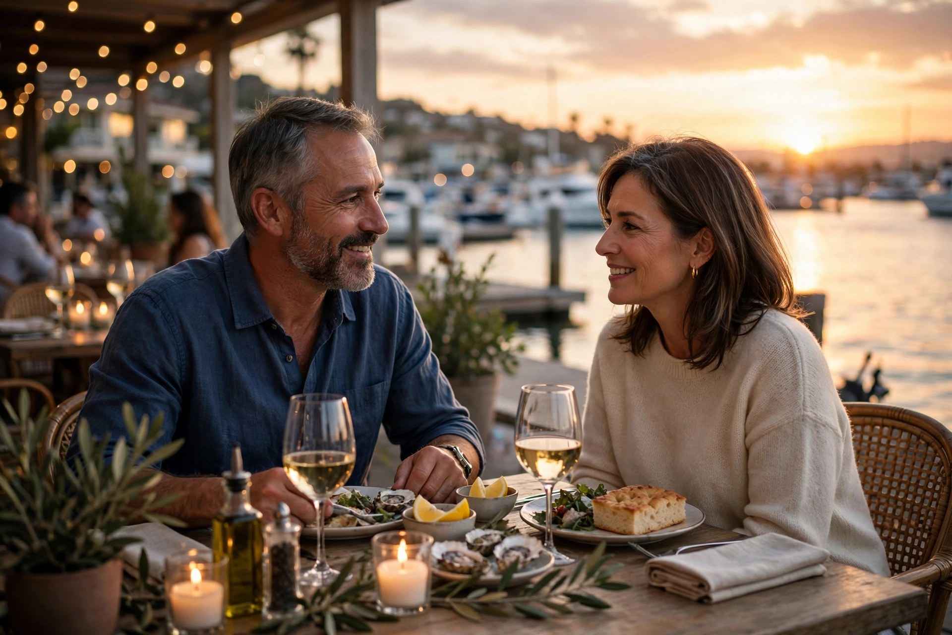 Mature couple having dinner at an outdoor waterfront restaurant