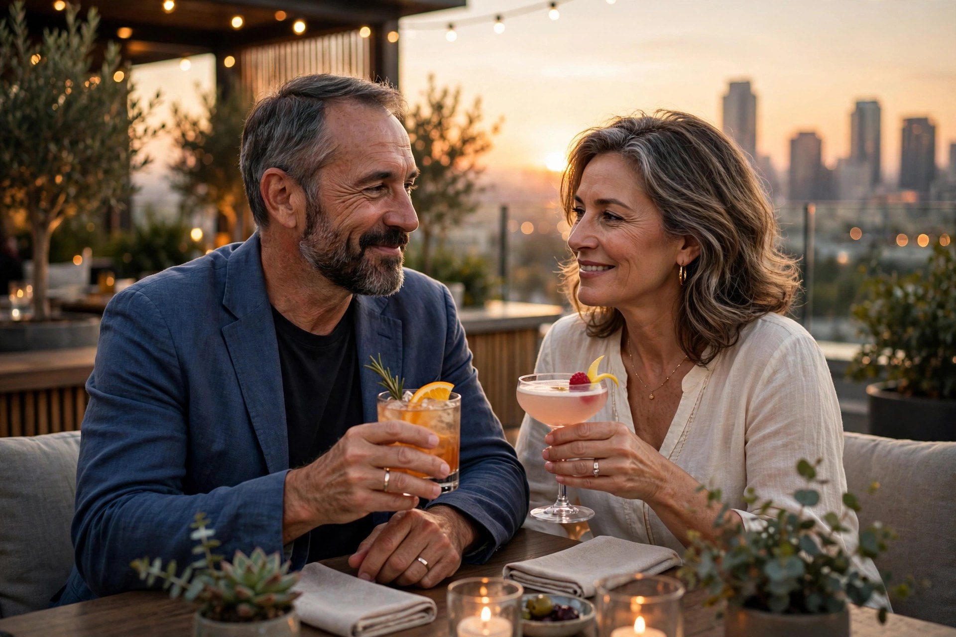 Mature couple at a rooftop bar at sunset with cocktails