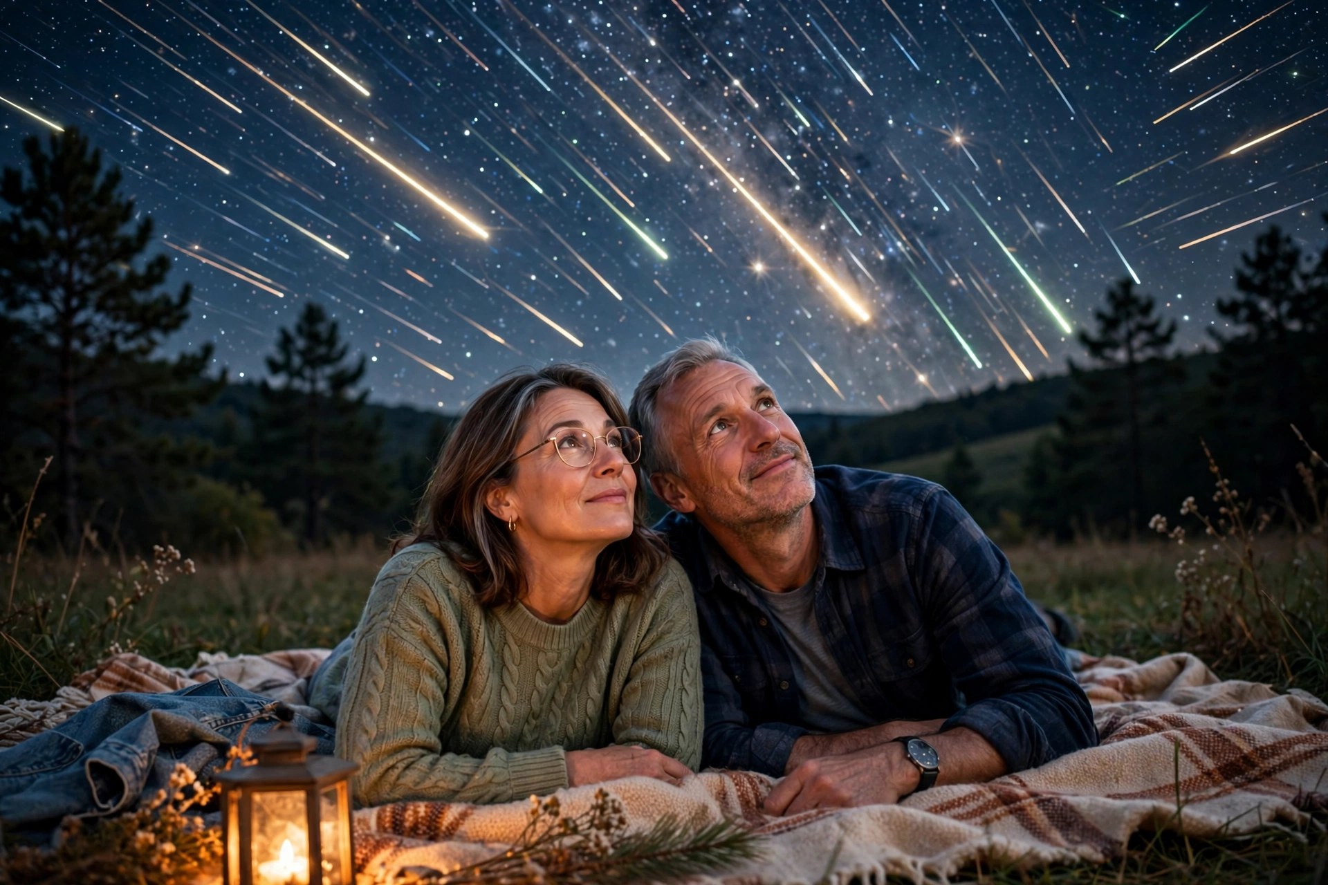 Mature couple watching the Perseid meteor shower on a blanket