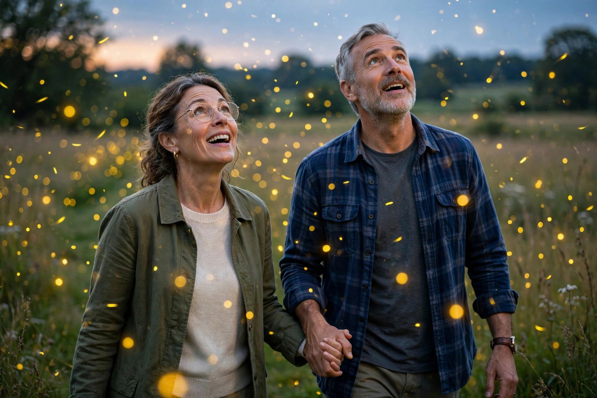 Mature couple walking through glowing fireflies at dusk