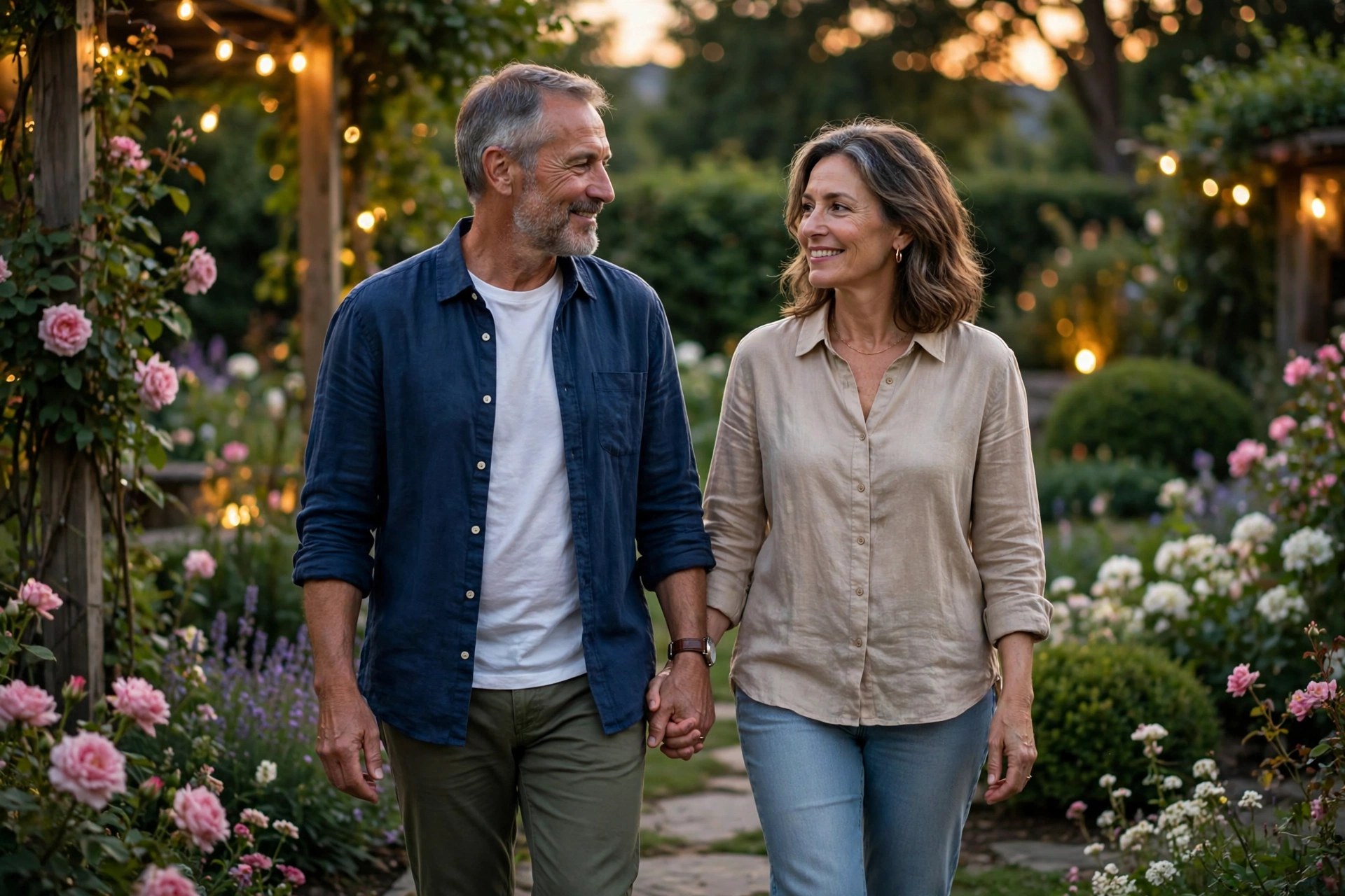 Mature couple strolling through a garden in the evening