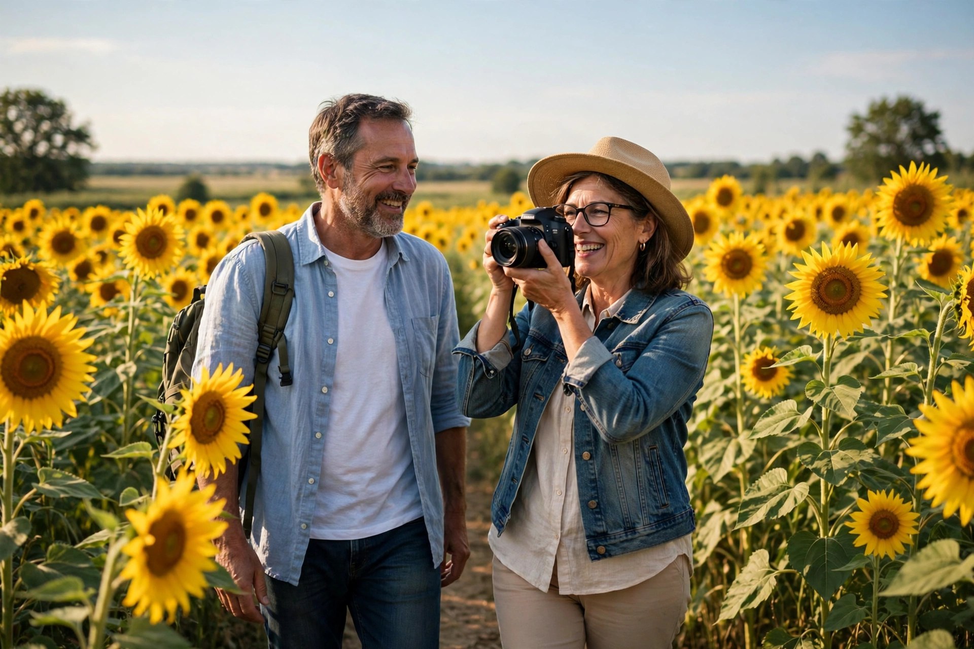 Mature couple walking through a sunflower field taking photos