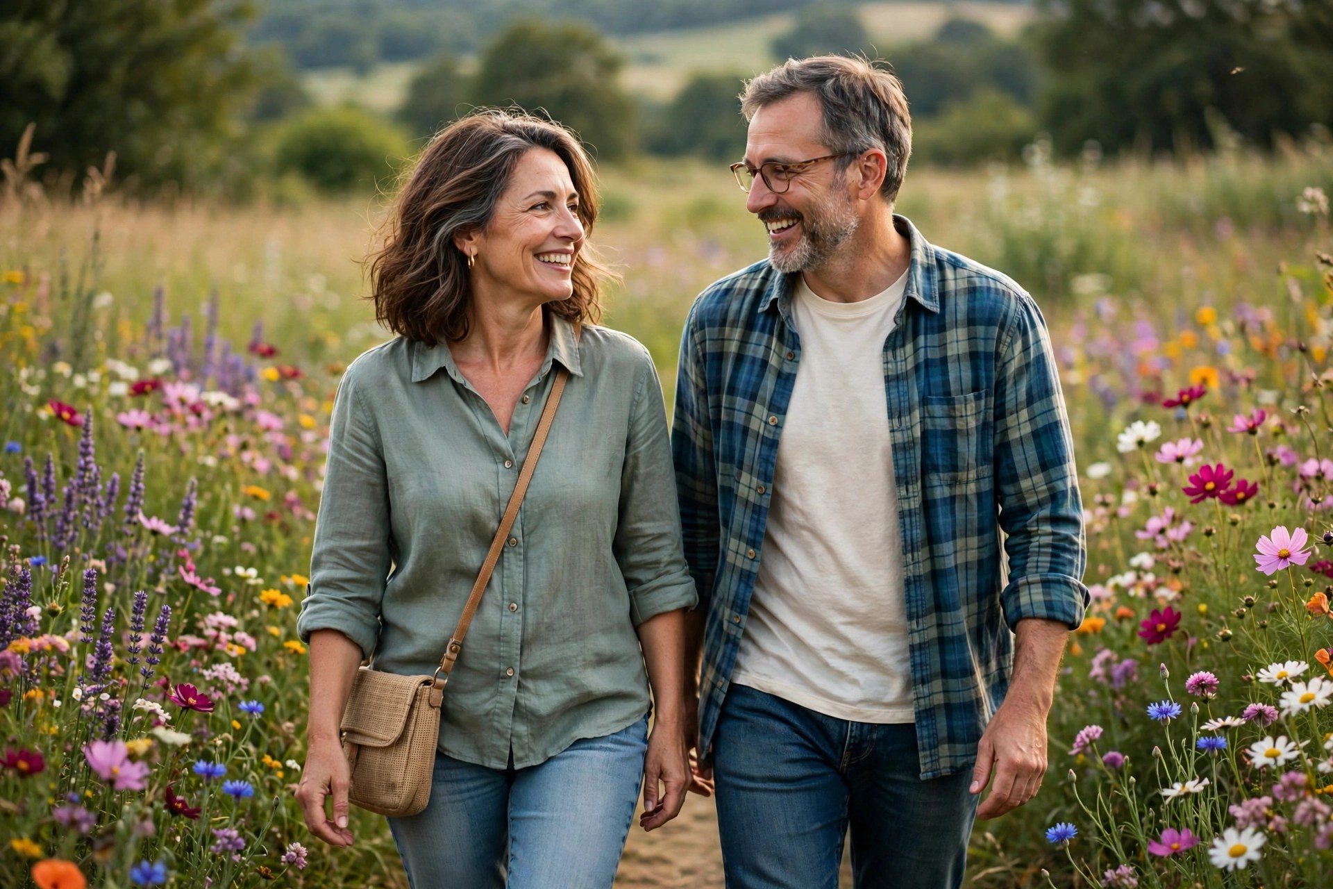Mature couple walking through a wildflower meadow in summer