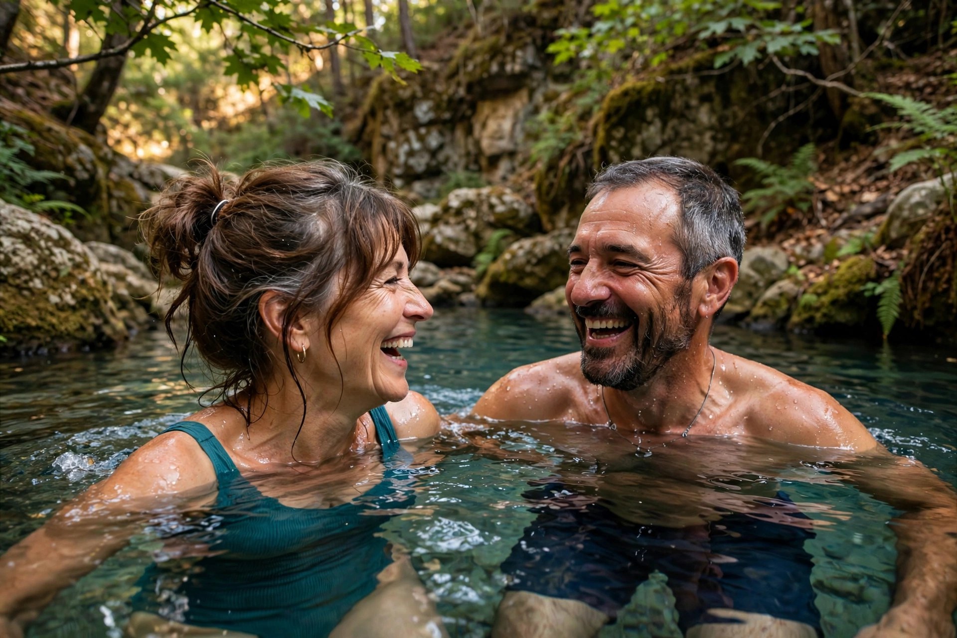 Mature couple swimming in a natural swimming hole