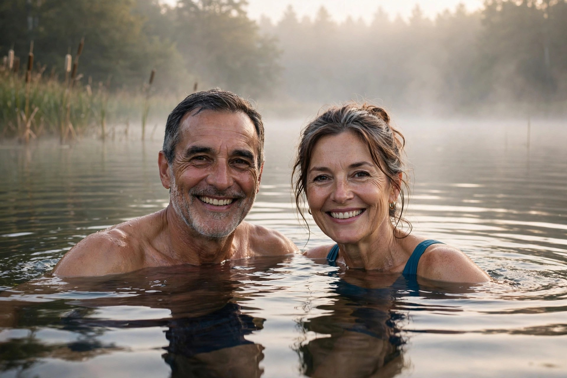 Mature couple swimming in a calm lake at dawn