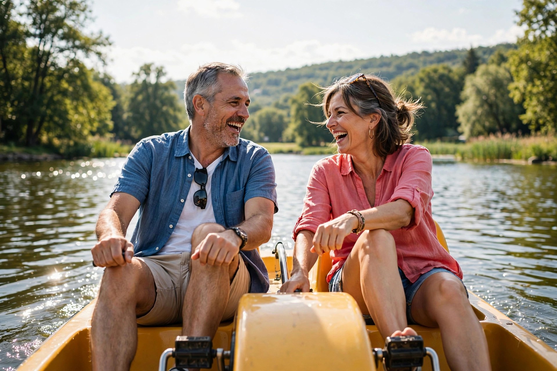 Mature couple laughing on a pedal boat on a sunny lake