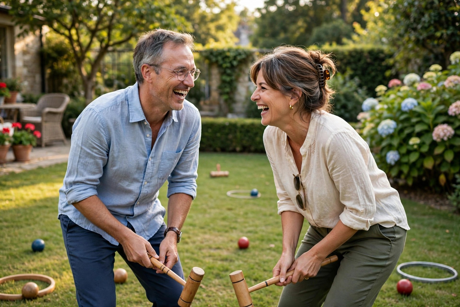 Mature couple playing croquet on a green lawn