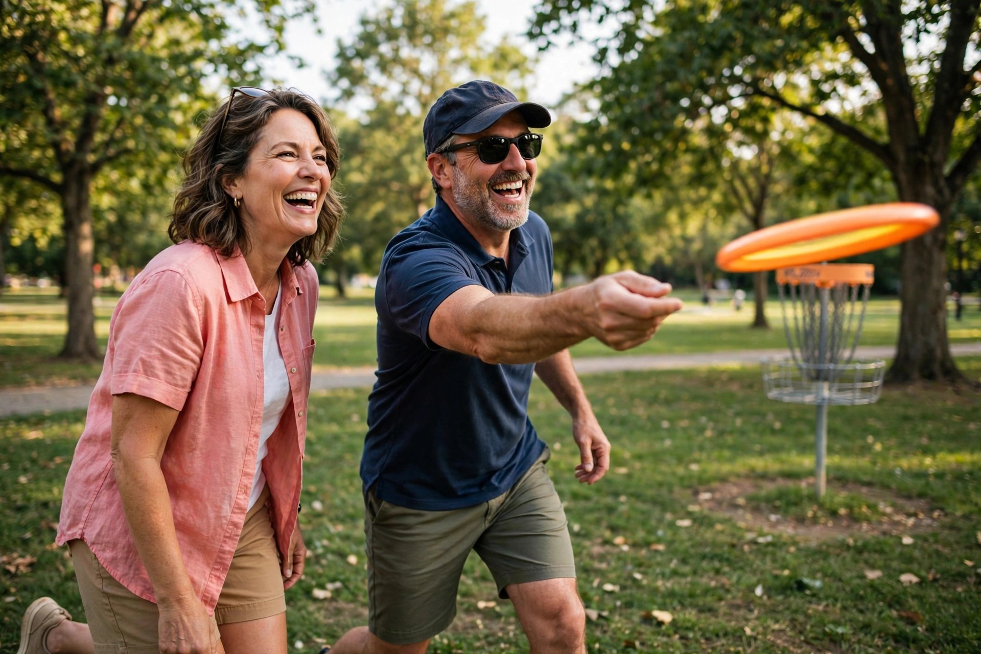 Mature couple playing disc golf in a park
