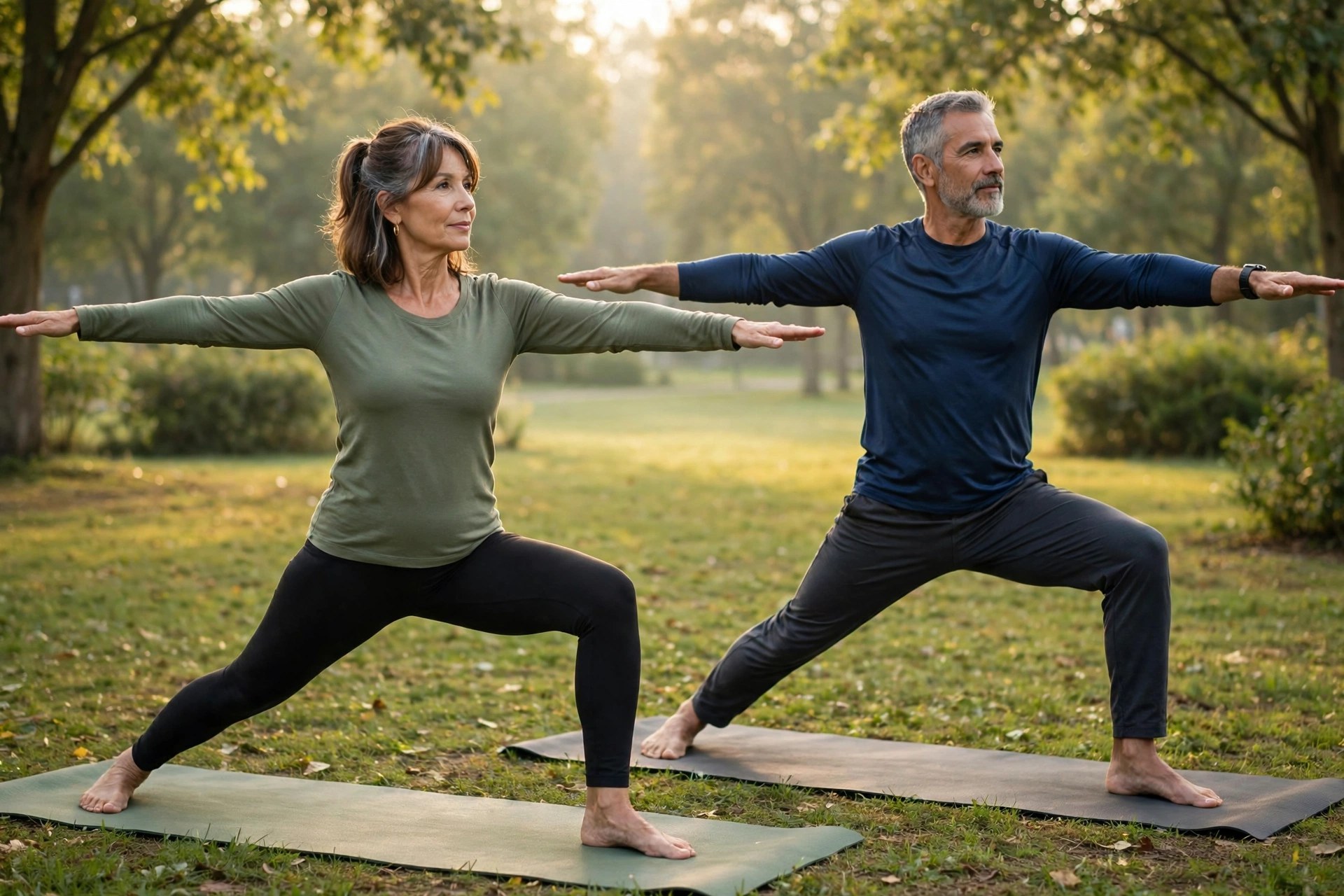 Mature couple doing outdoor yoga in a park in the morning
