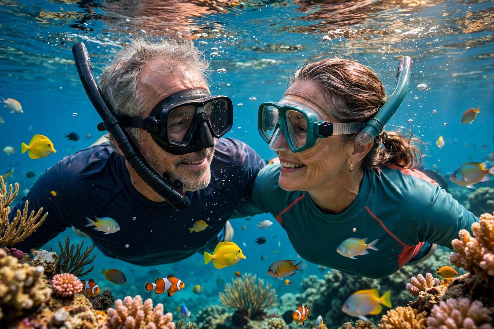 Mature couple snorkeling in clear blue water with fish