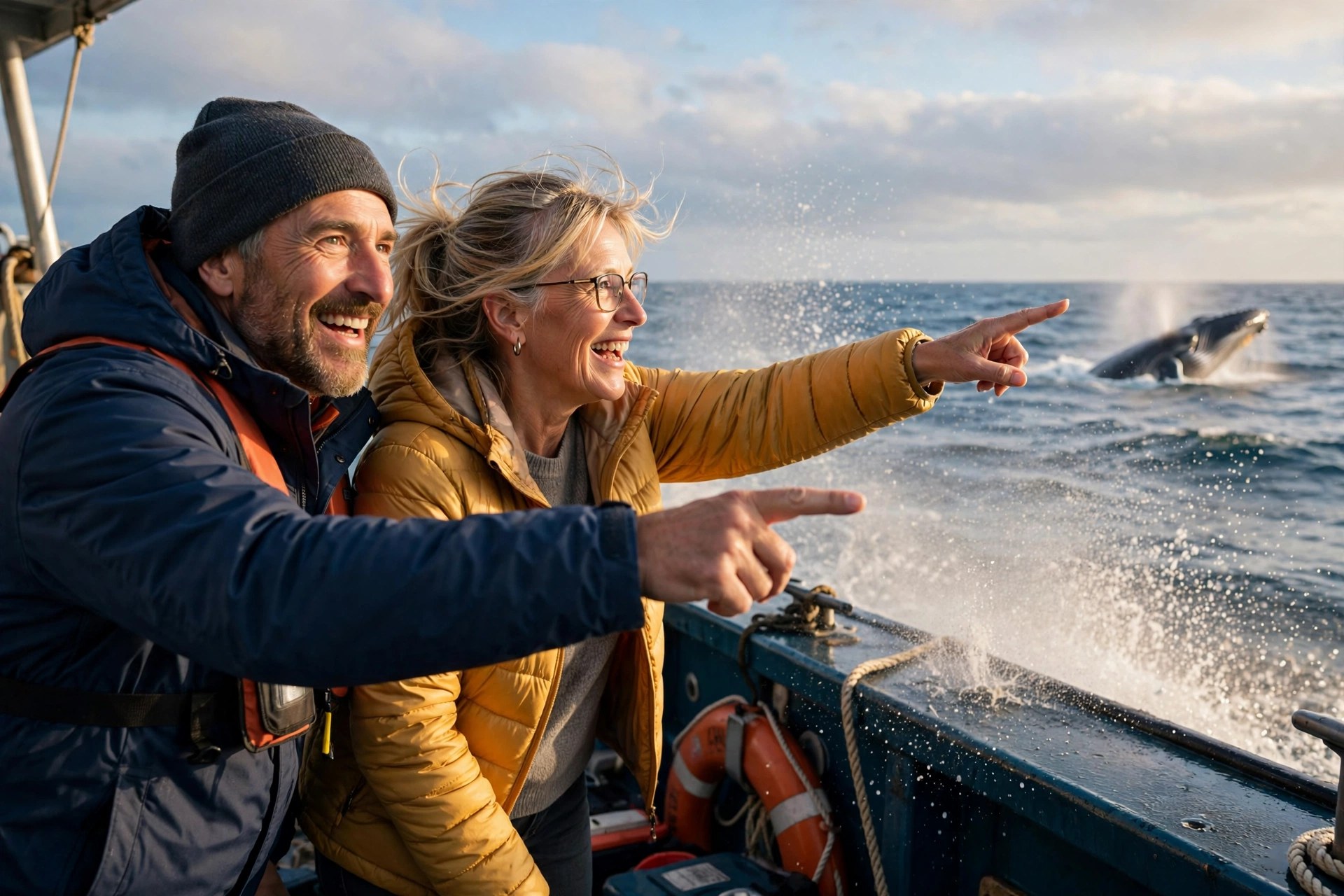 Mature couple on a whale watching boat pointing at a whale