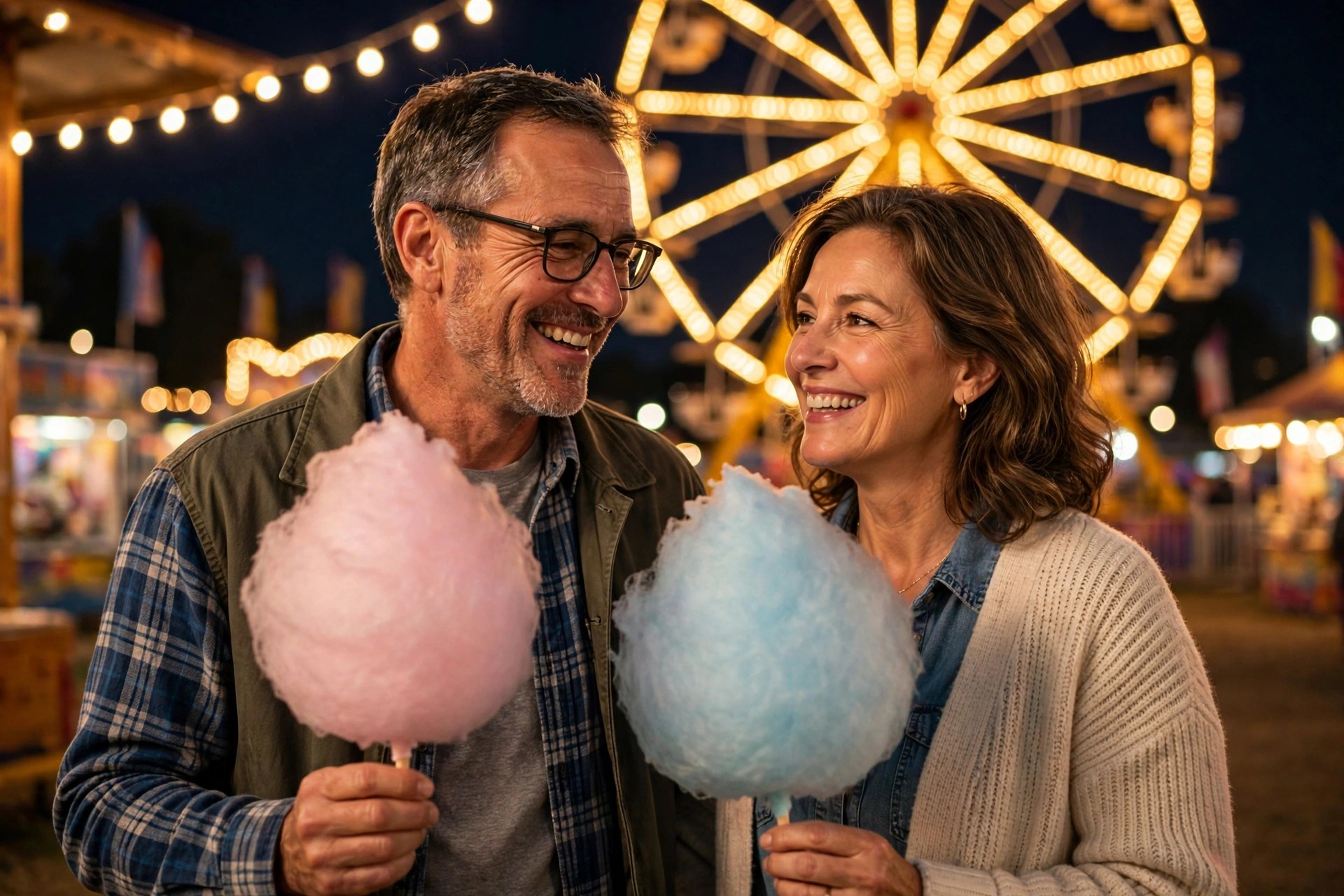 Mature couple at a county fair at night with ferris wheel lights