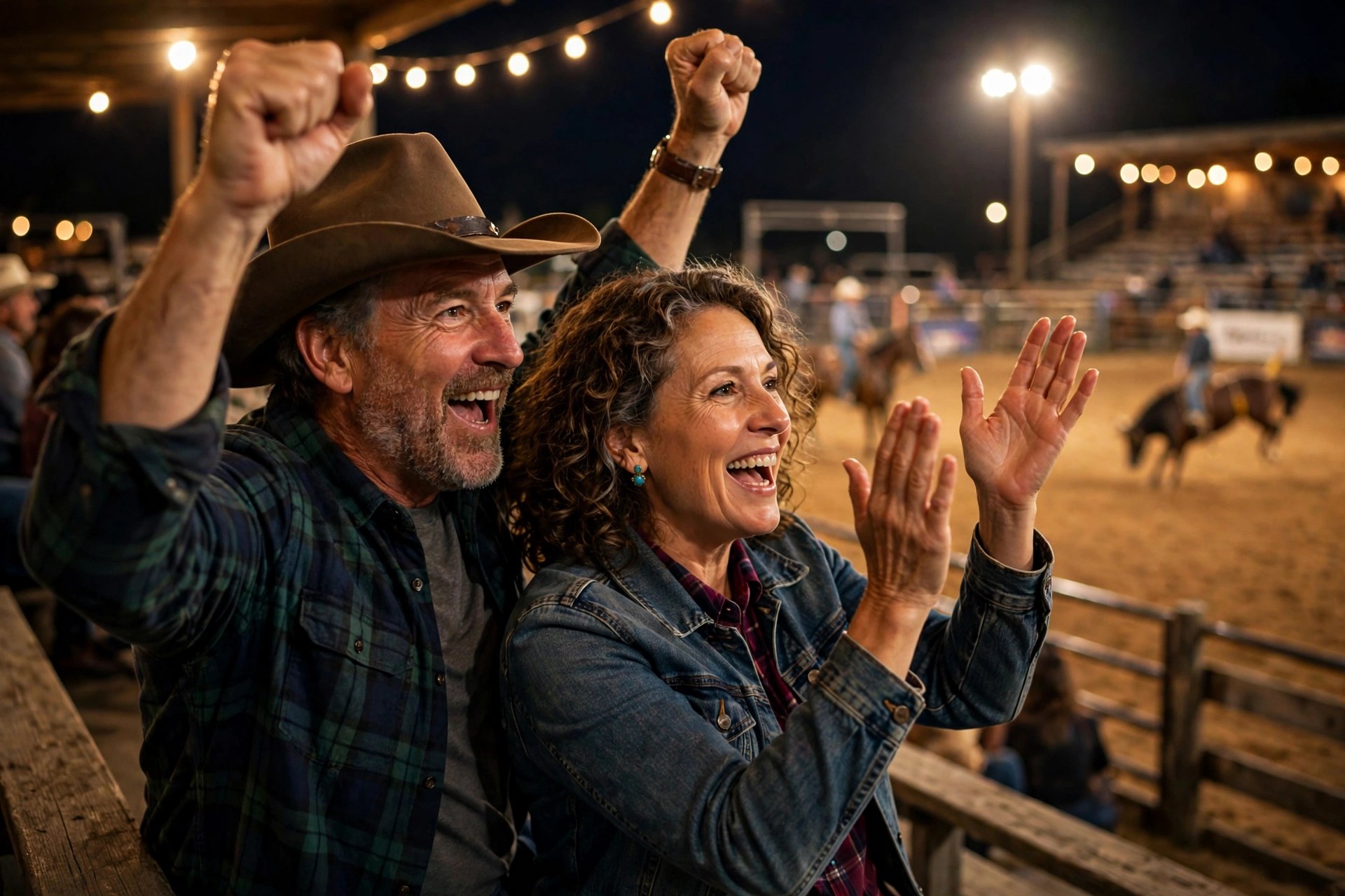 Mature couple cheering at a local rodeo at night