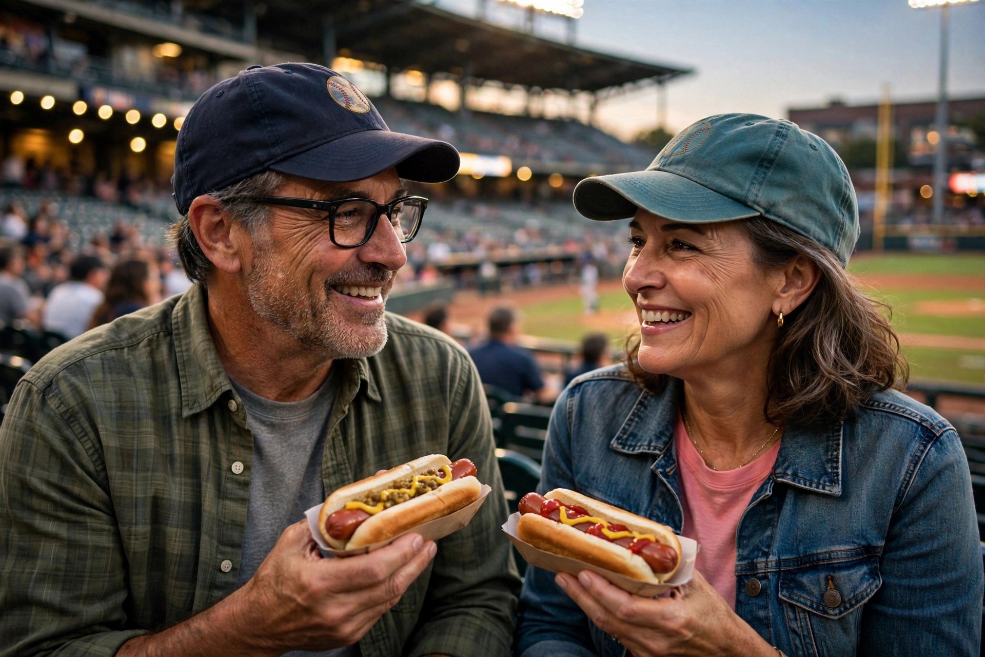 Mature couple at a minor league baseball game with hot dogs