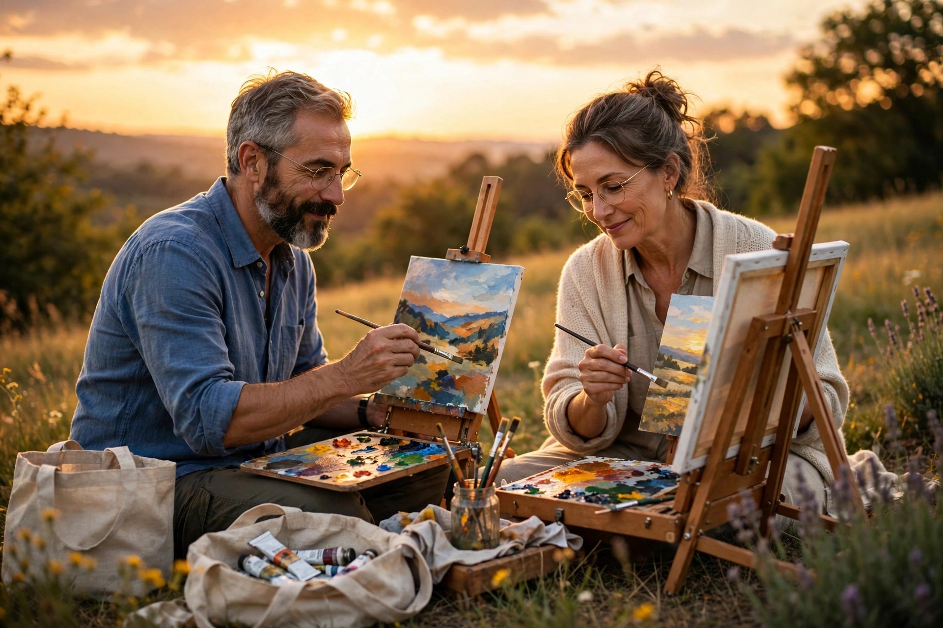 Mature couple painting outdoors at sunset with easels