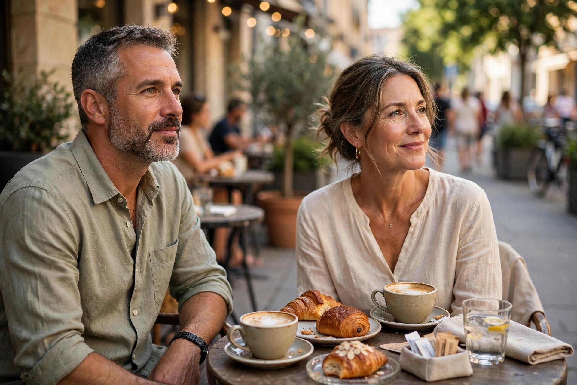 Mature couple lingering at a sidewalk cafe in summer