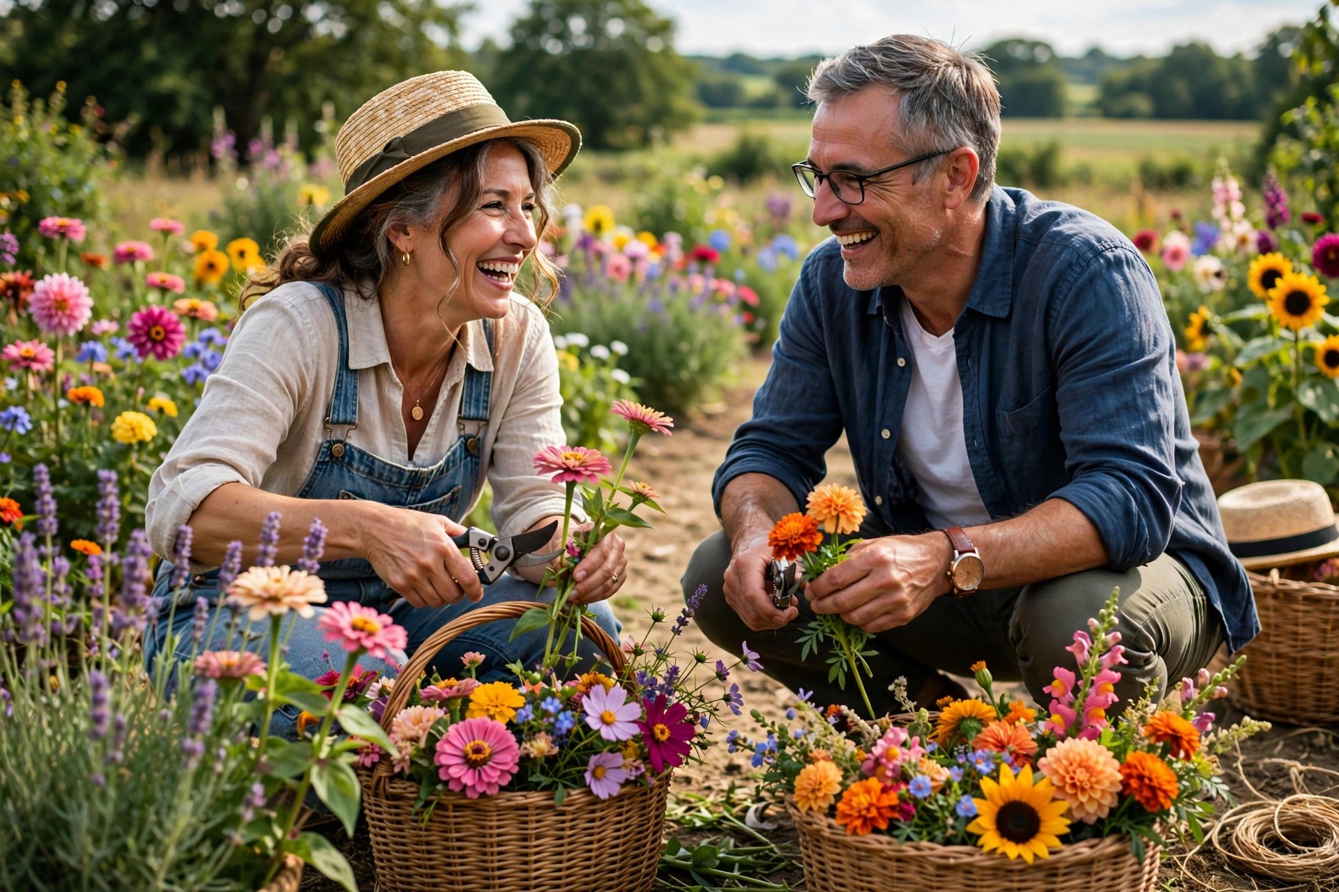 Mature couple cutting flowers at a u-pick flower farm