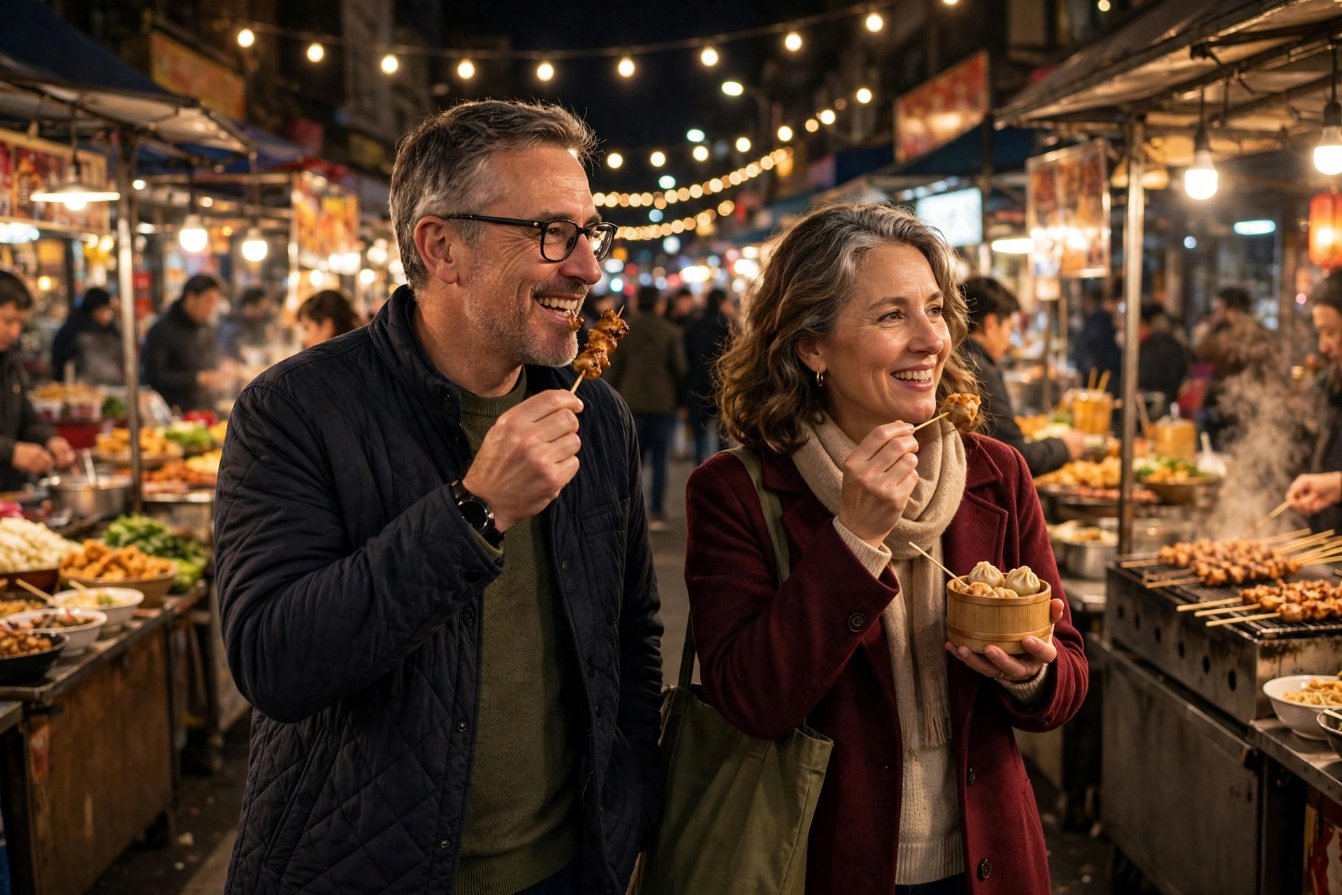 Mature couple strolling through a night market with street food