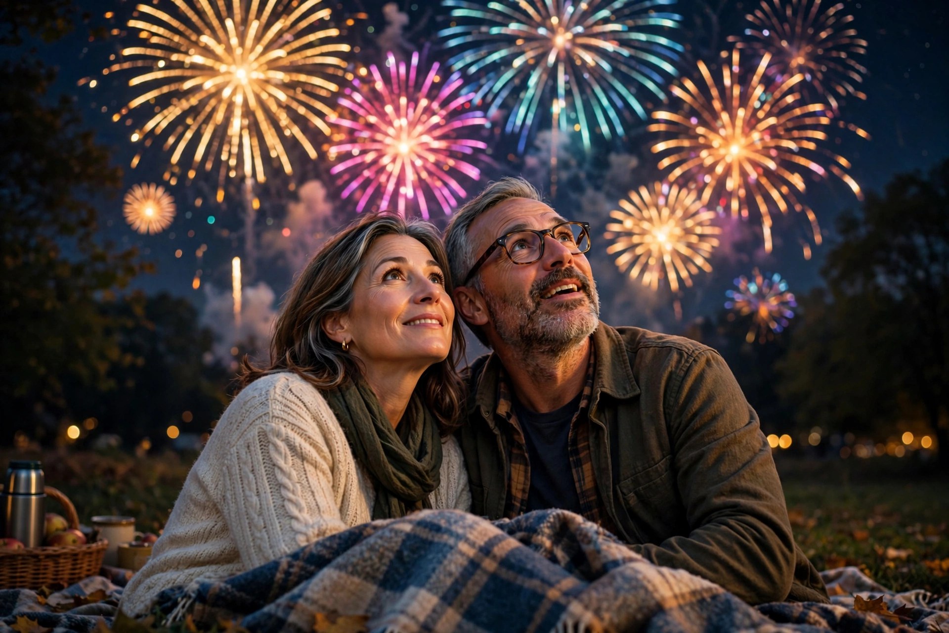 Mature couple watching fireworks at night on a blanket