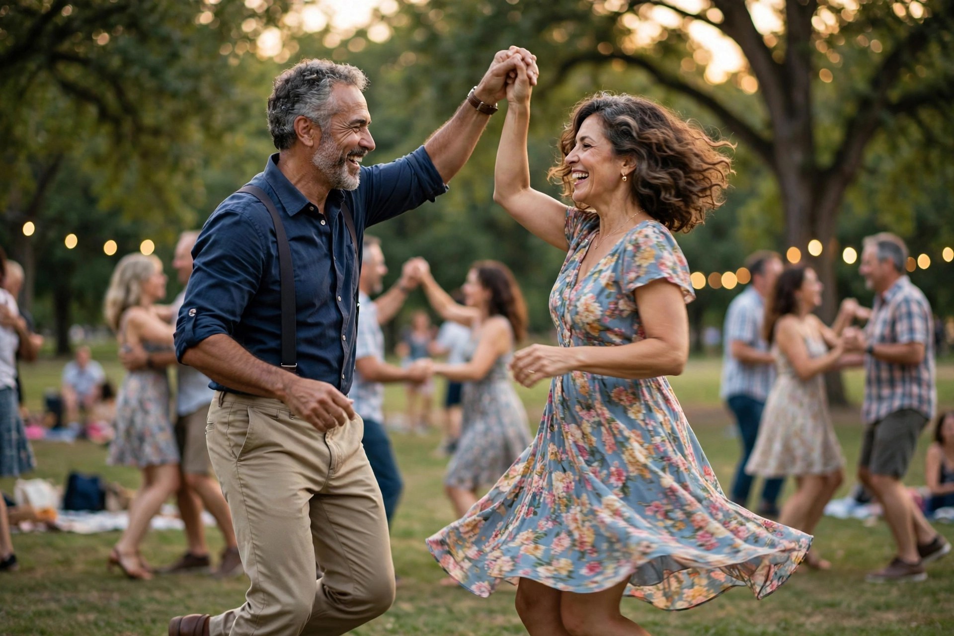 Mature couple swing dancing in a park in the evening