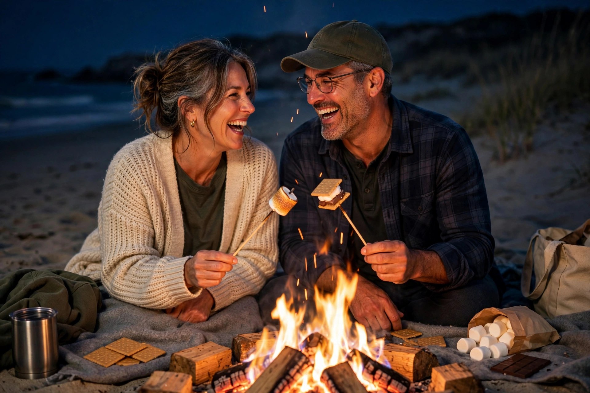 Mature couple roasting smores at a beach bonfire at night