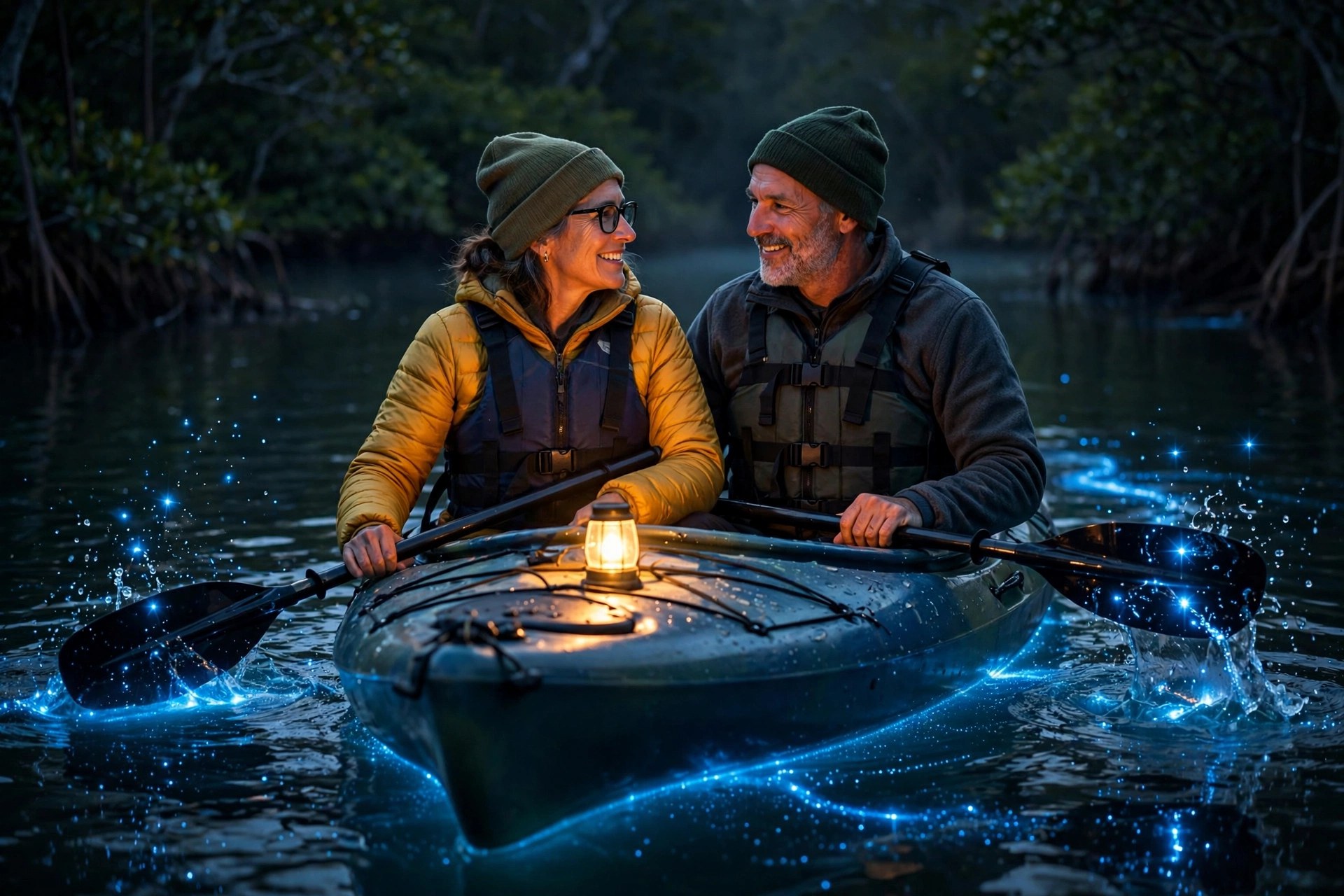 Mature couple kayaking through glowing bioluminescent water