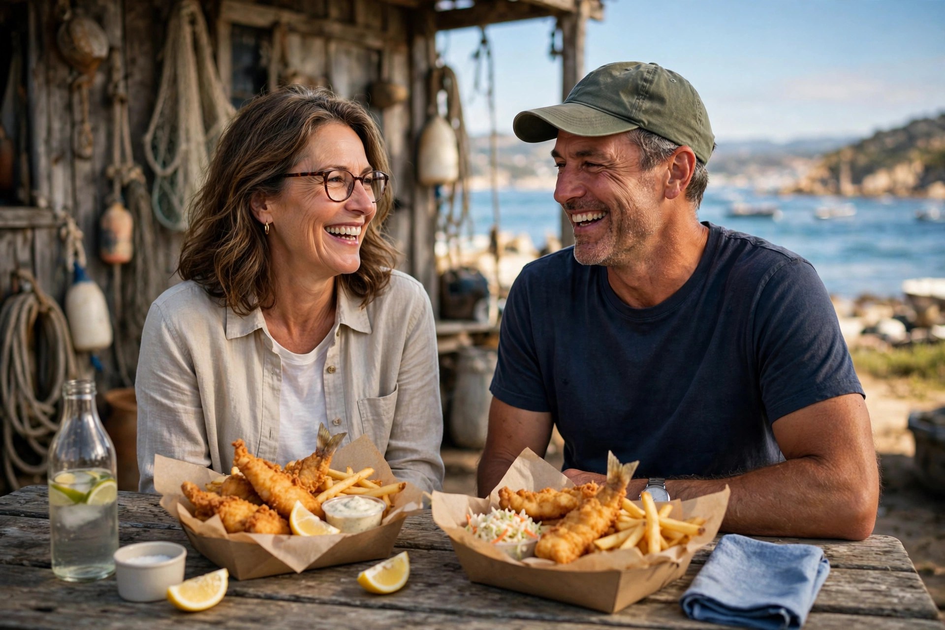 Mature couple eating at a coastal fish shack with ocean view