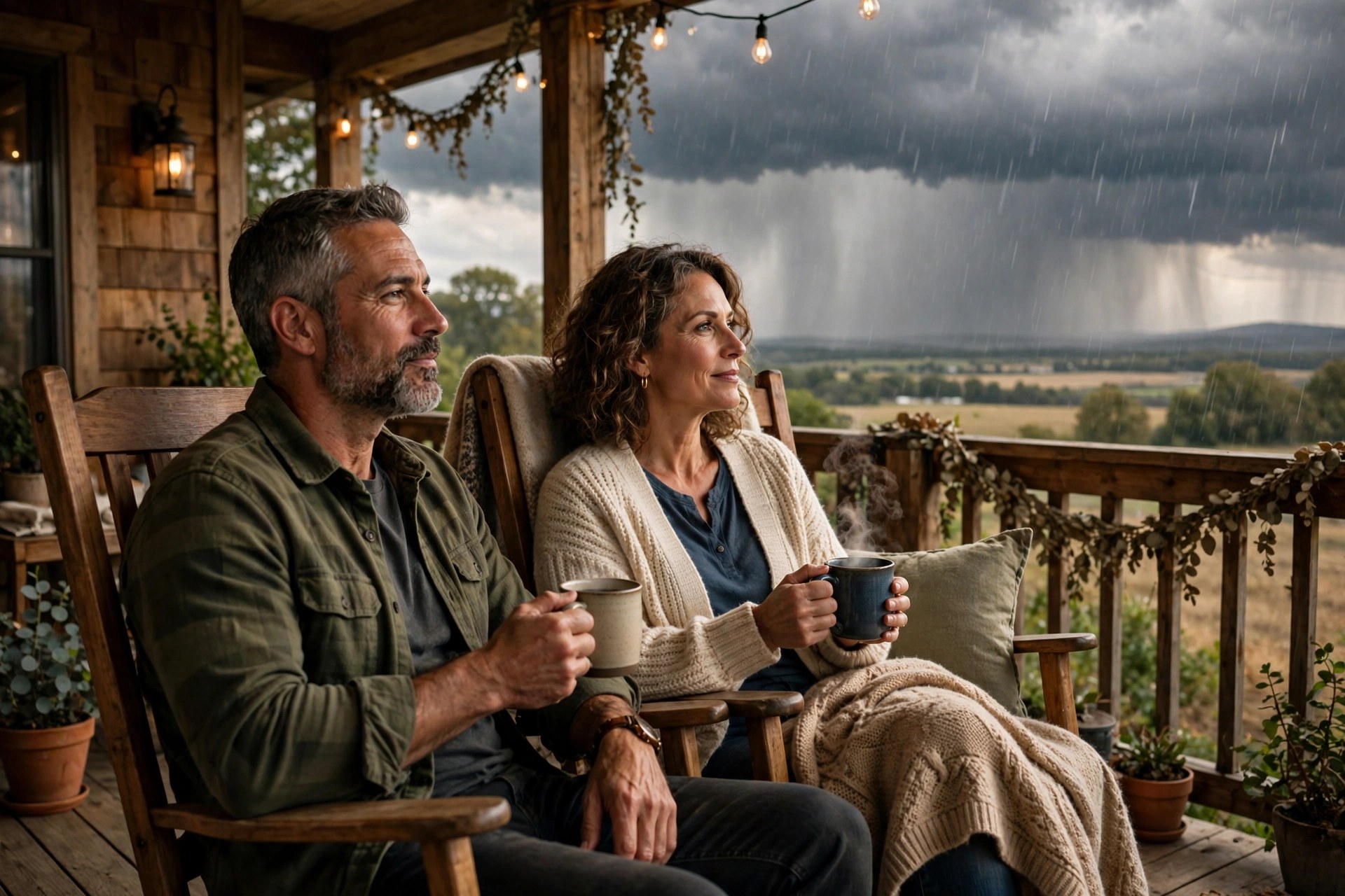 Mature couple watching a thunderstorm from a porch