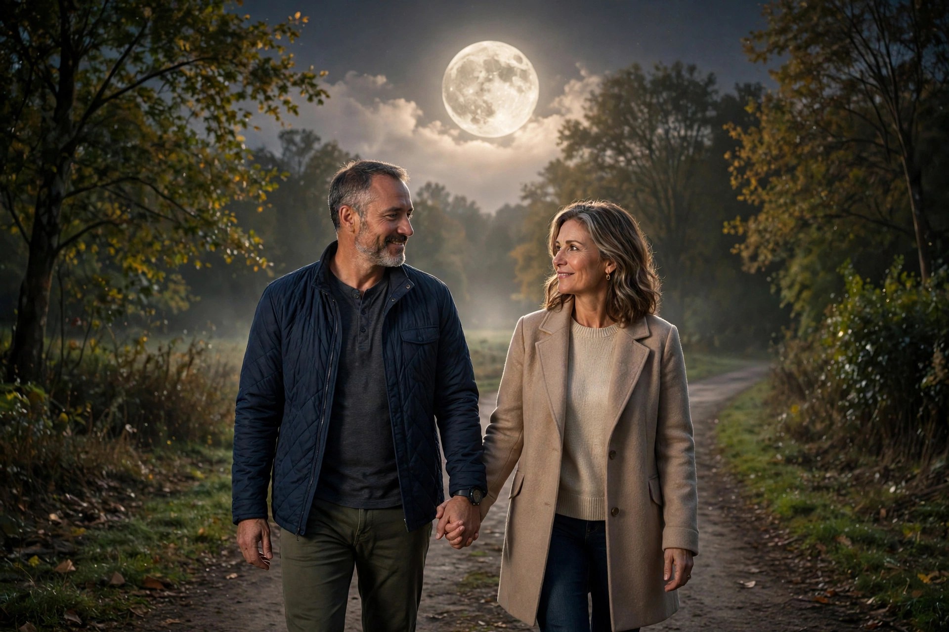 Mature couple walking hand in hand under a full moon