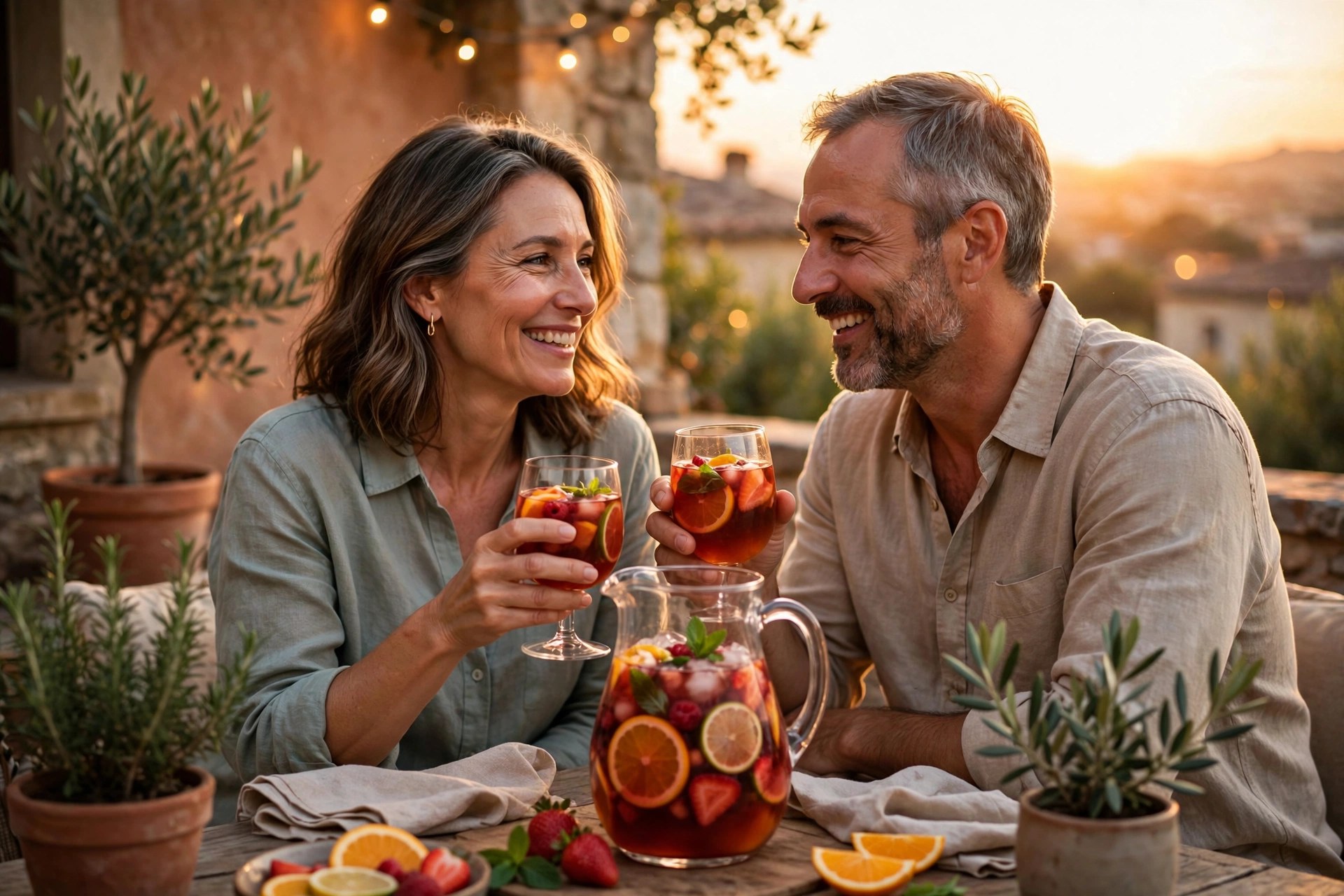 Mature couple sharing homemade sangria on a terrace at sunset