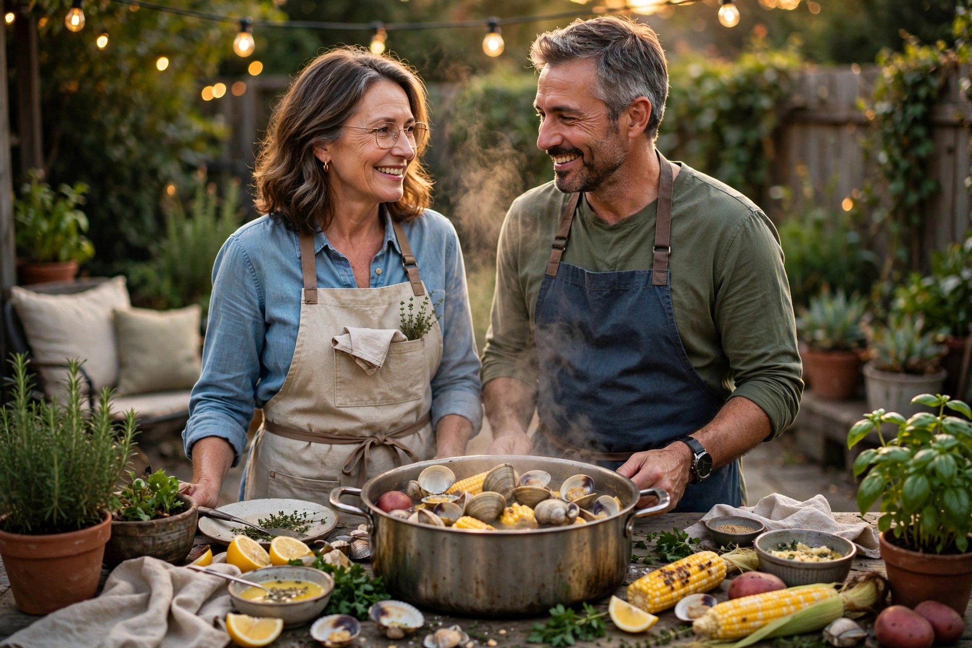 Mature couple having a backyard clambake feast