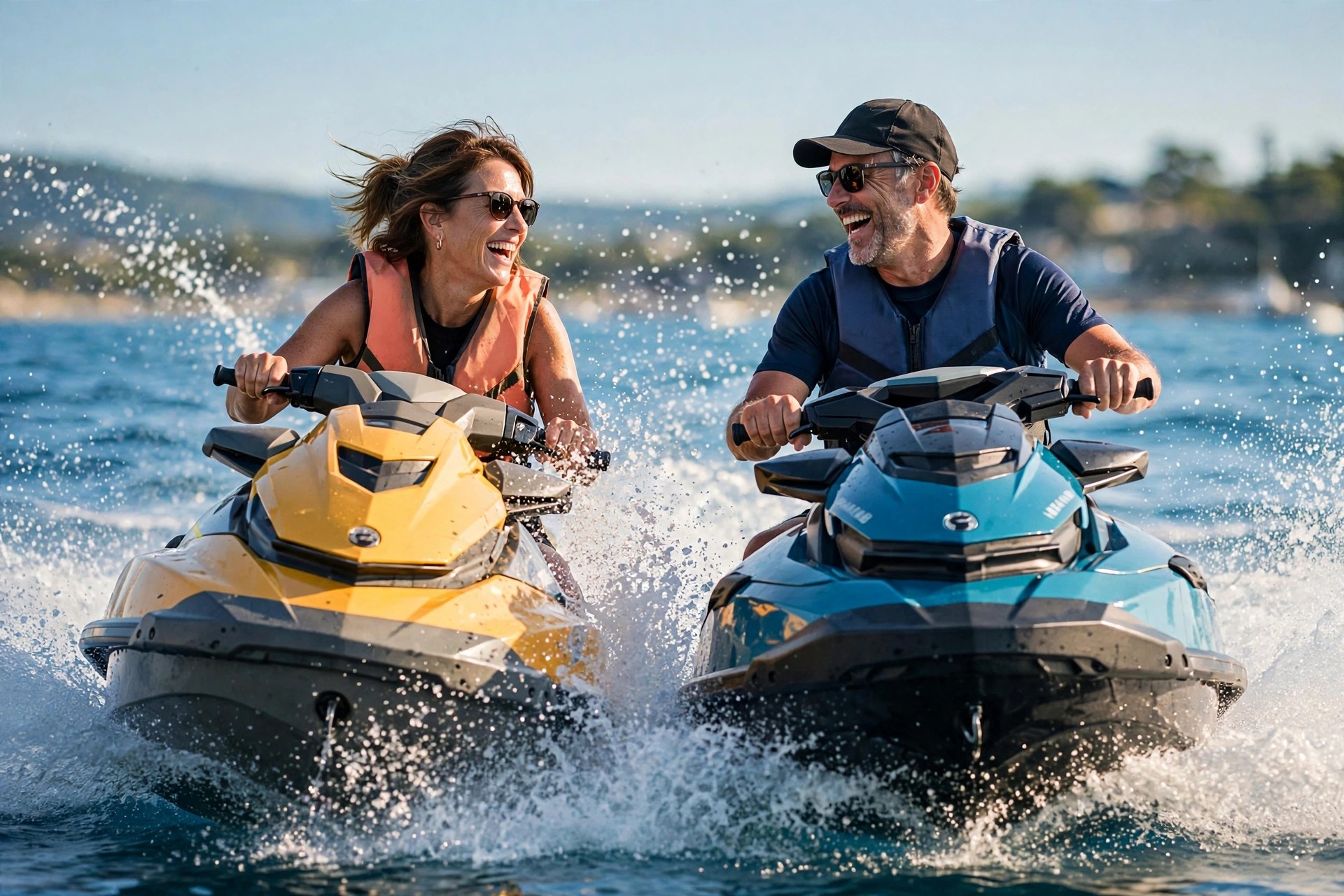 Mature couple laughing while riding jet skis on blue water