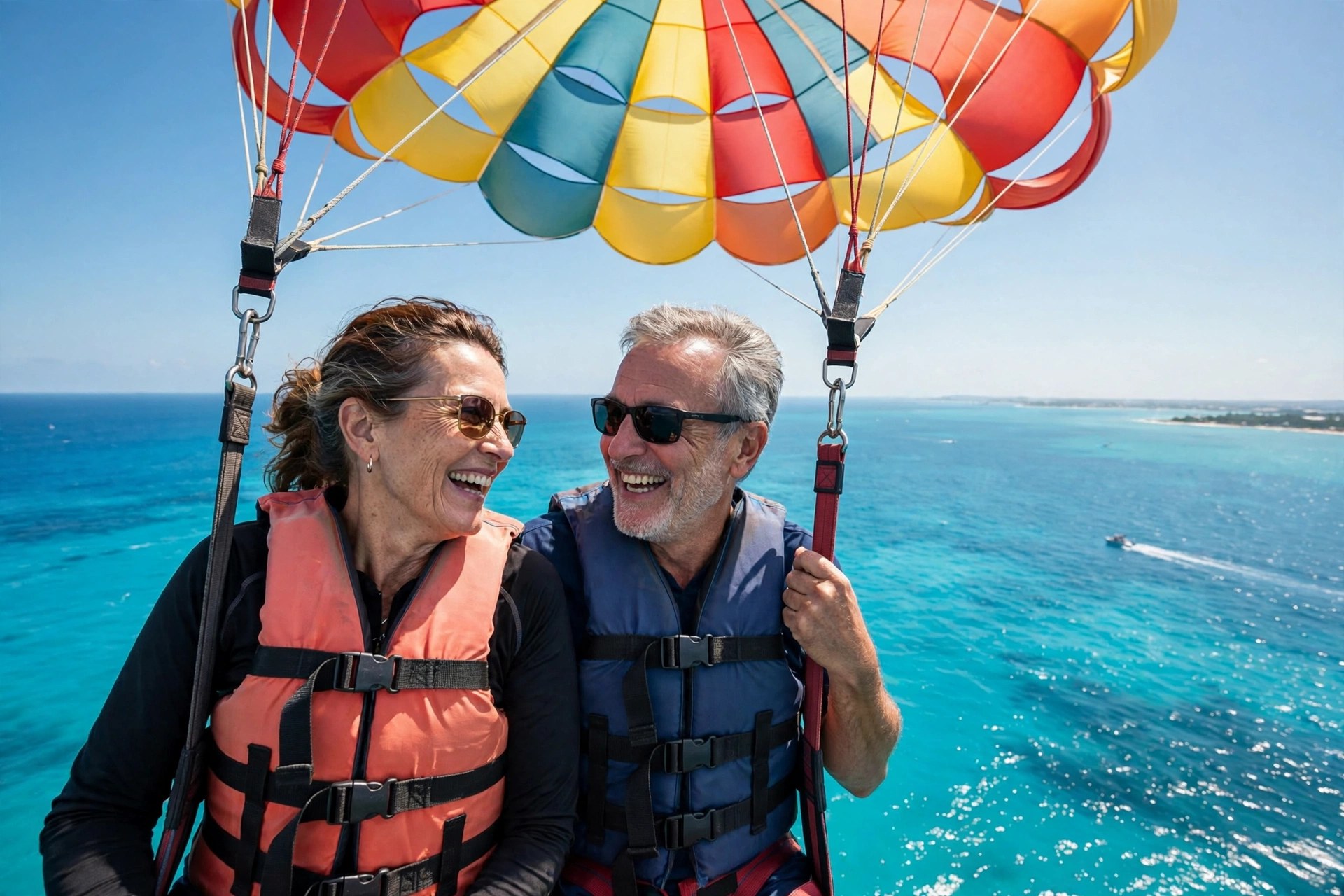 Mature couple parasailing together over turquoise water