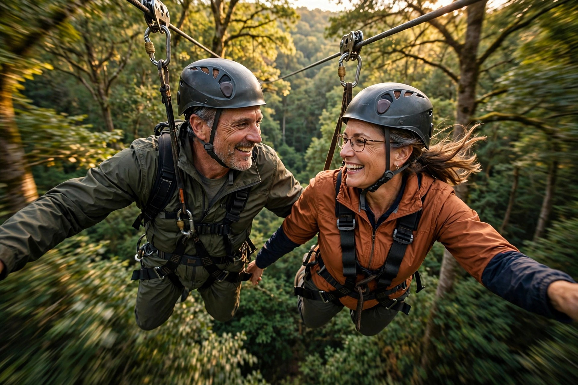 Mature couple ziplining through a forest canopy