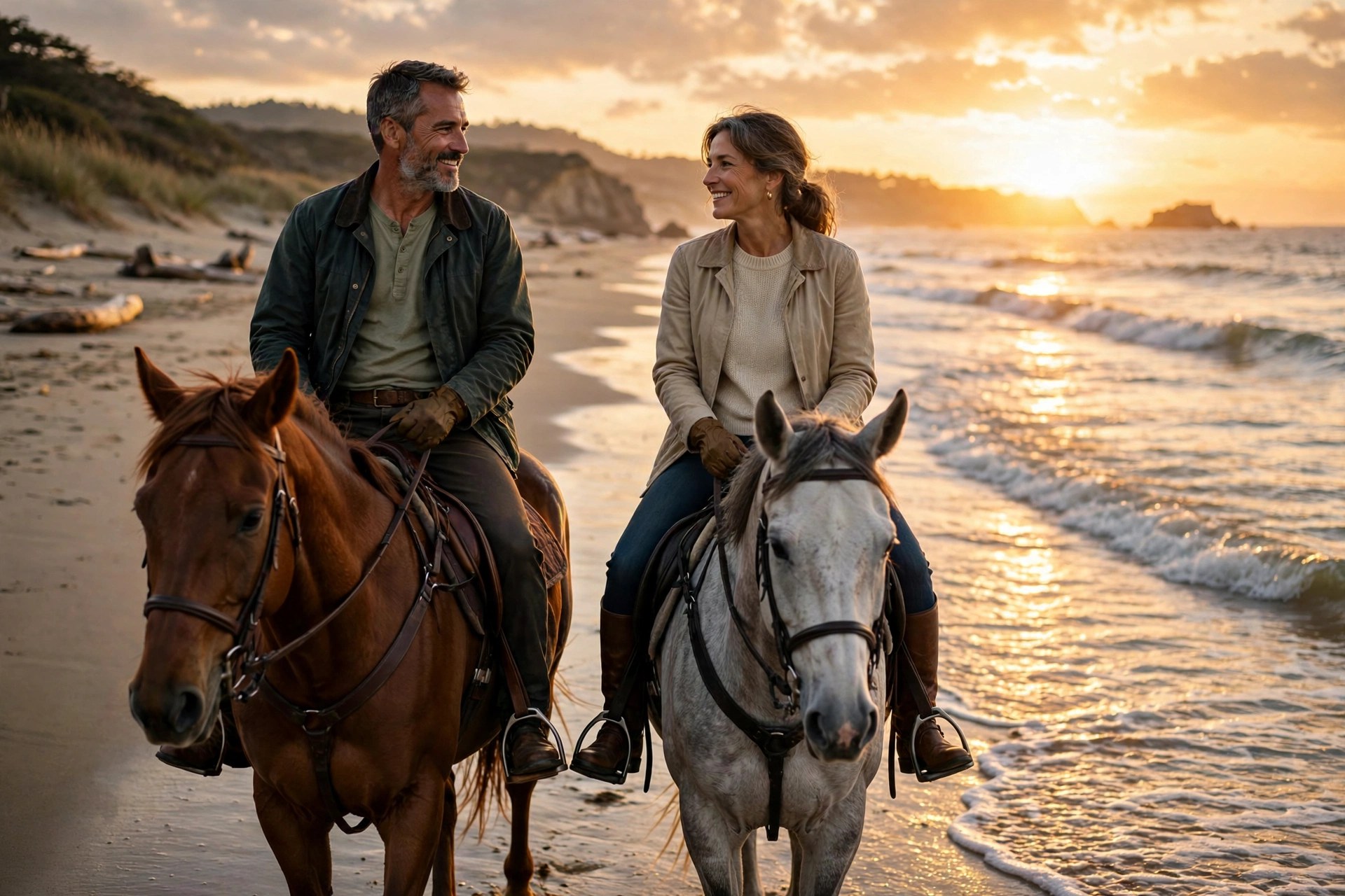 Mature couple horseback riding on a beach at sunset