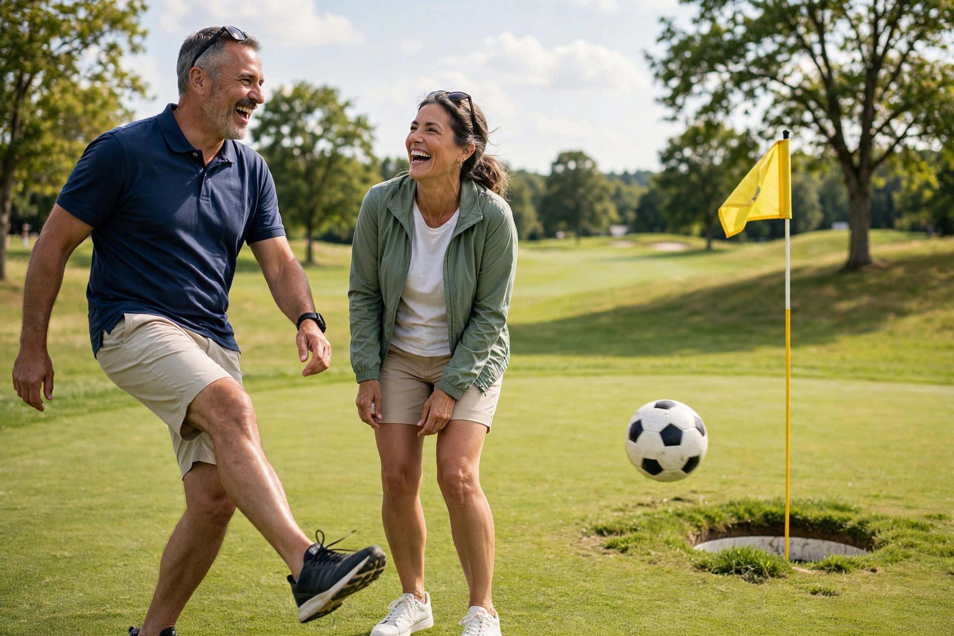Mature couple playing footgolf on a golf course