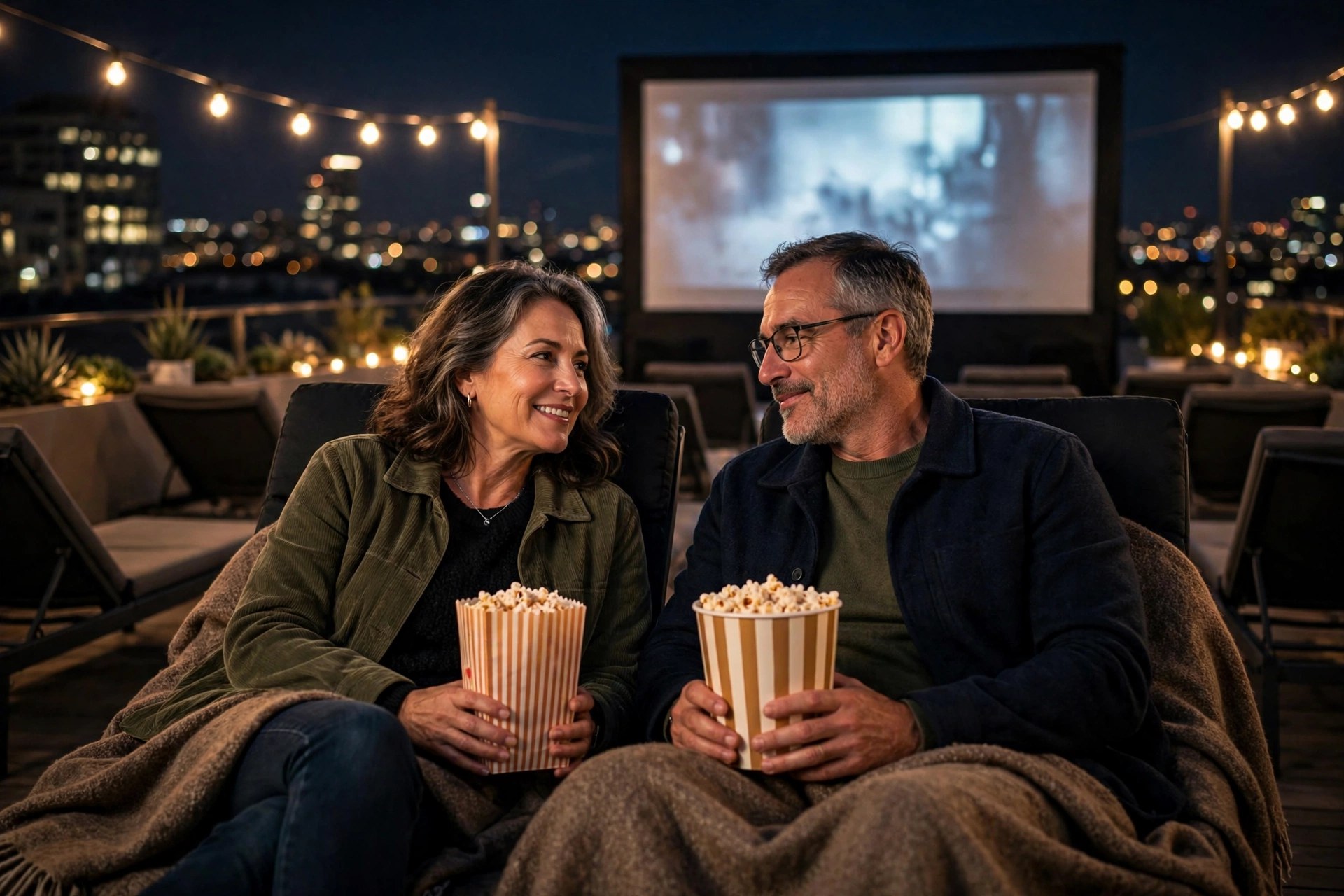 Mature couple at a rooftop cinema at night with popcorn