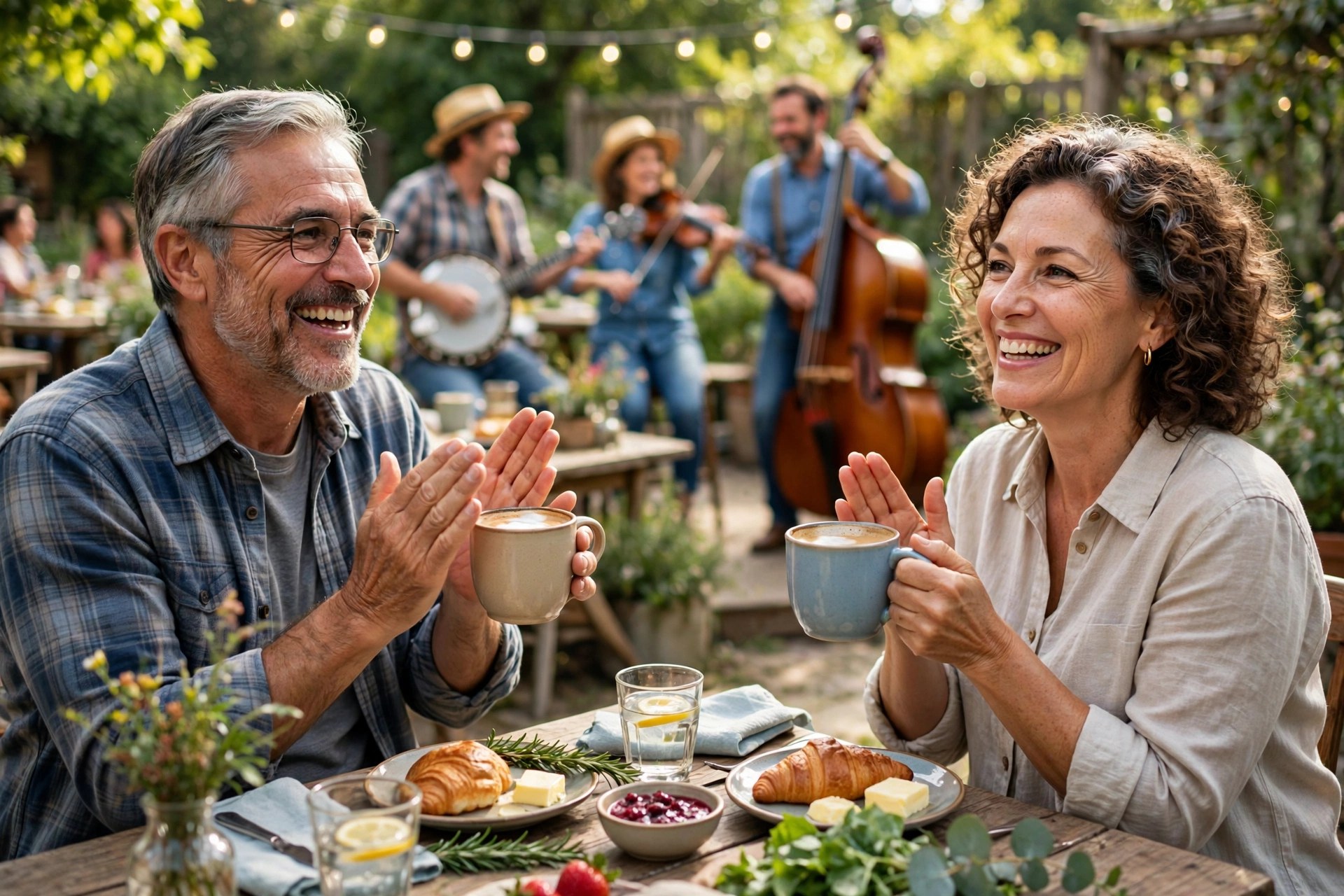 Mature couple clapping at a bluegrass brunch outdoors