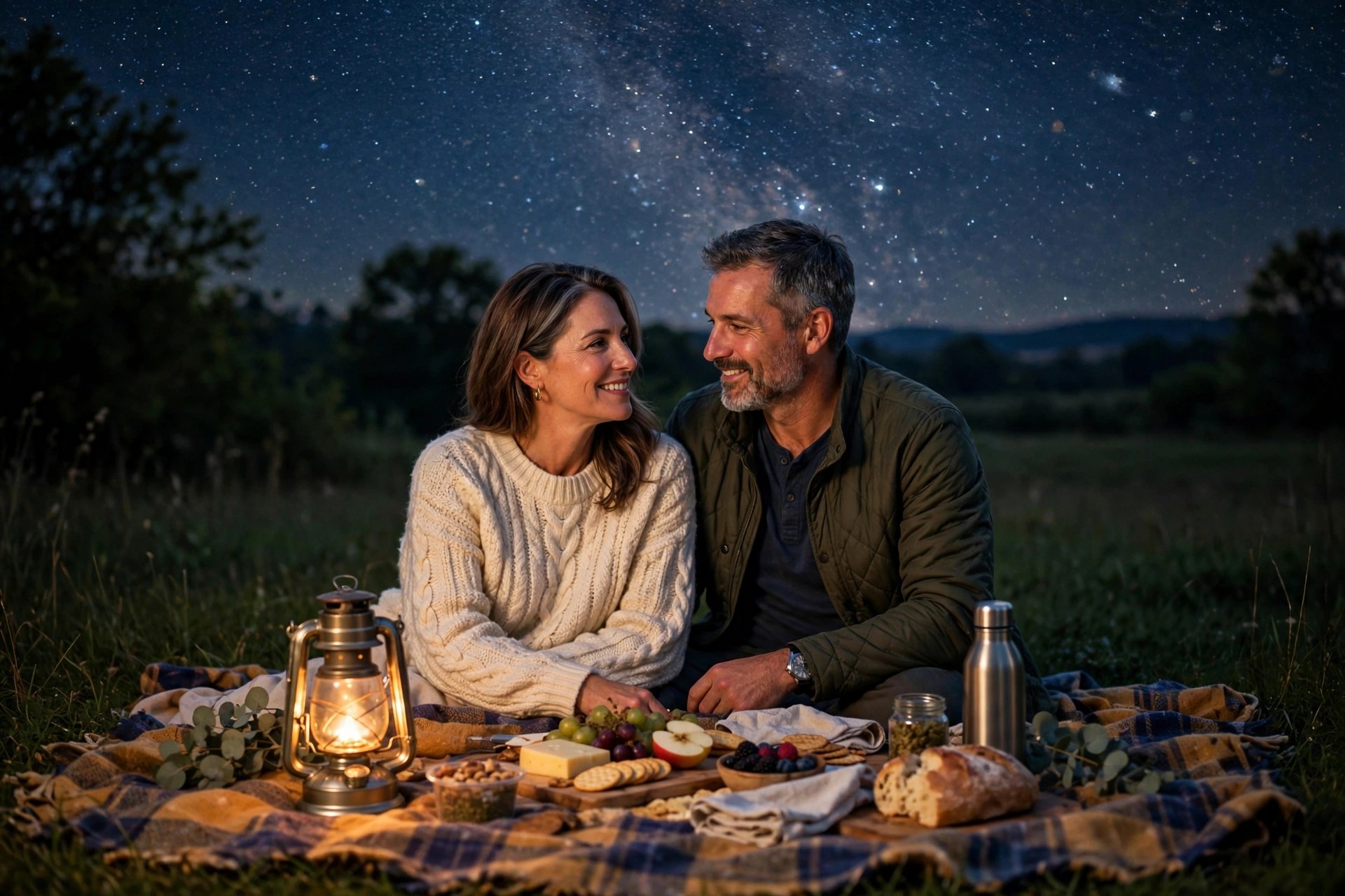 Mature couple having a midnight picnic under the stars