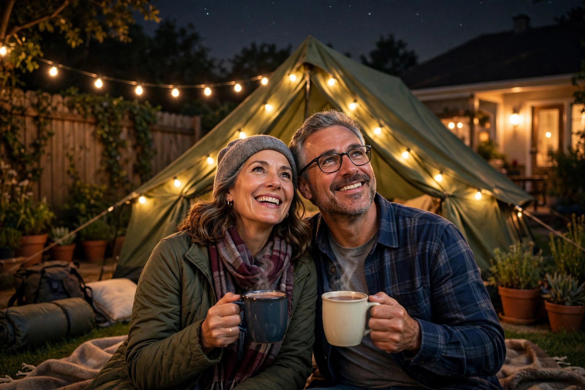 Mature couple camping in their backyard tent with string lights