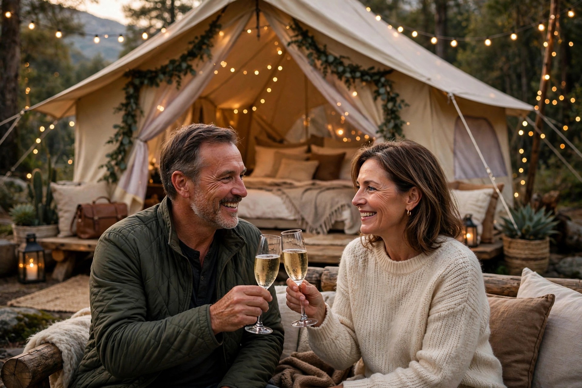 Mature couple glamping in a luxury tent with champagne