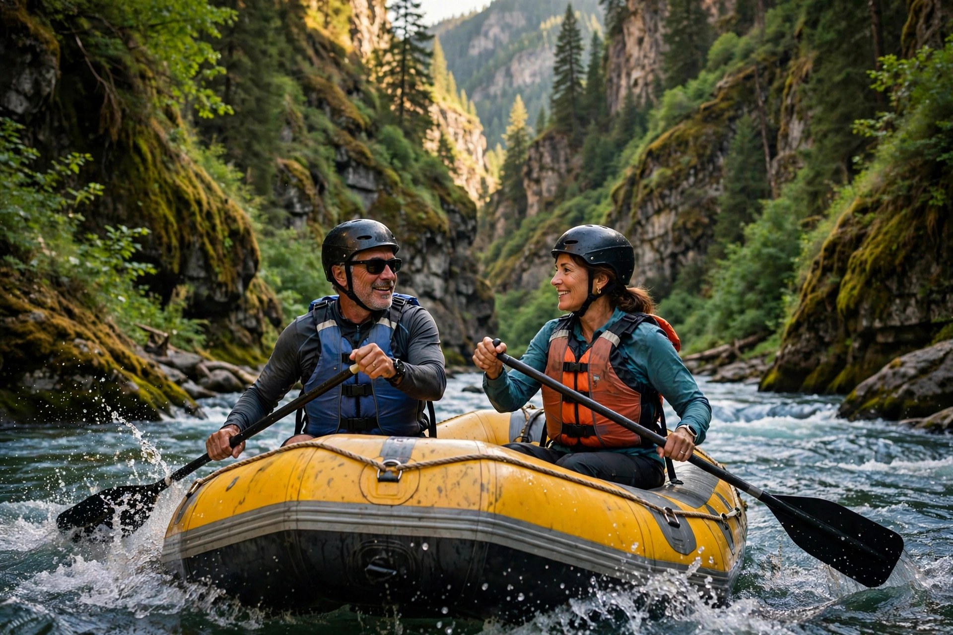 Mature couple rafting on a scenic river through a canyon