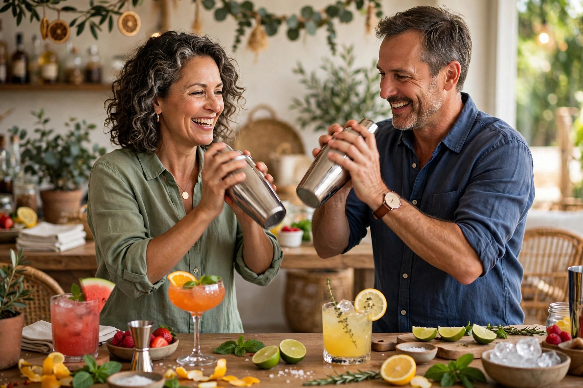 Mature couple in a summer cocktail-making class