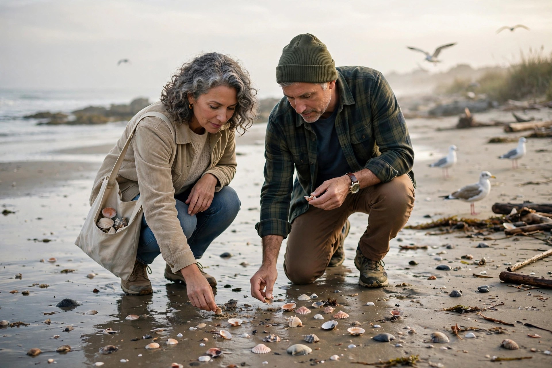 Mature couple beachcombing for shells in the morning