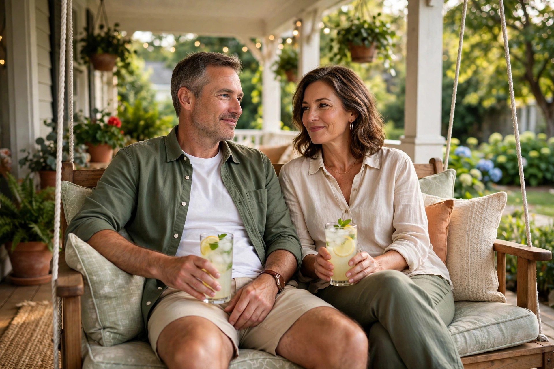 Mature couple relaxing on a porch swing with lemonade