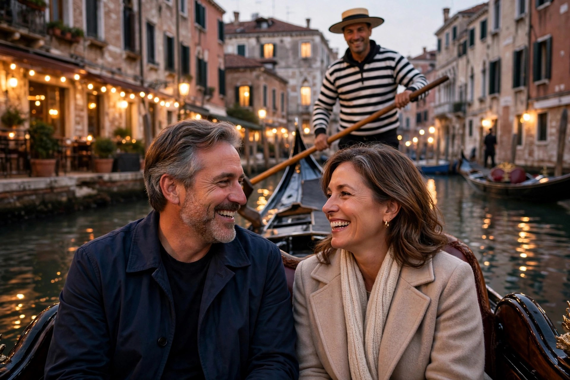 Mature couple on a romantic gondola ride in the evening