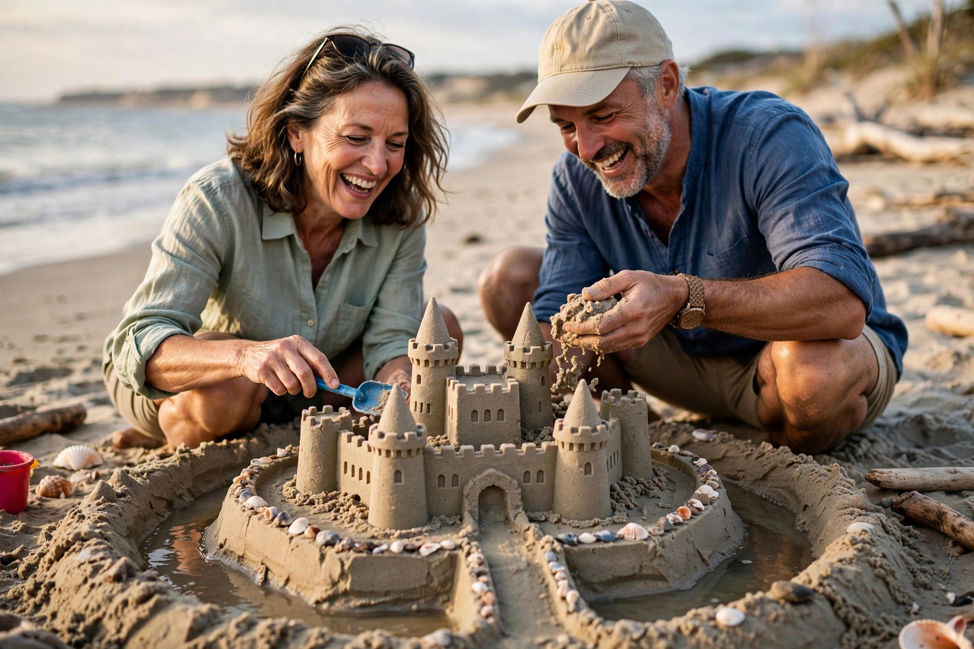 Mature couple building sandcastles on a beach
